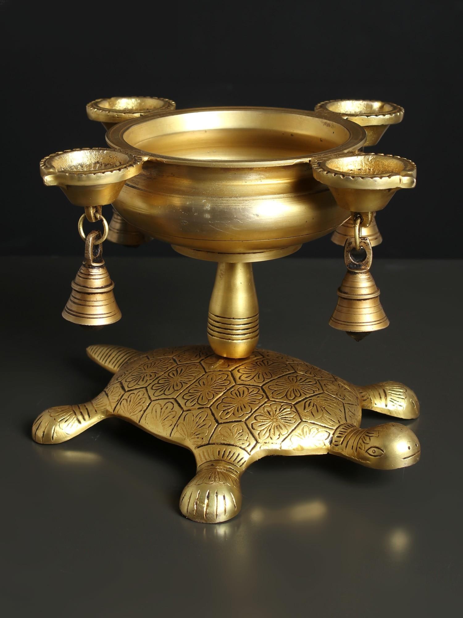 11" Brass Four Wicks Urli Lamp with Bells on Tortoise Back - 2