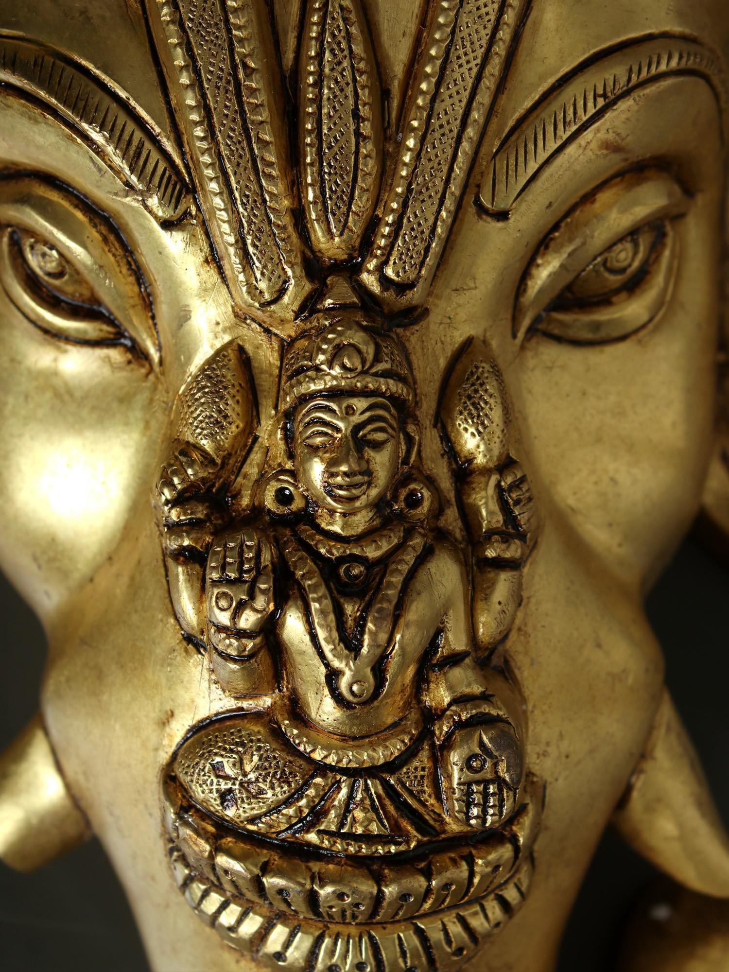 12" Brass Lord Ganesha Wall Hanging Mask with Goddess Lakshmi - 2
