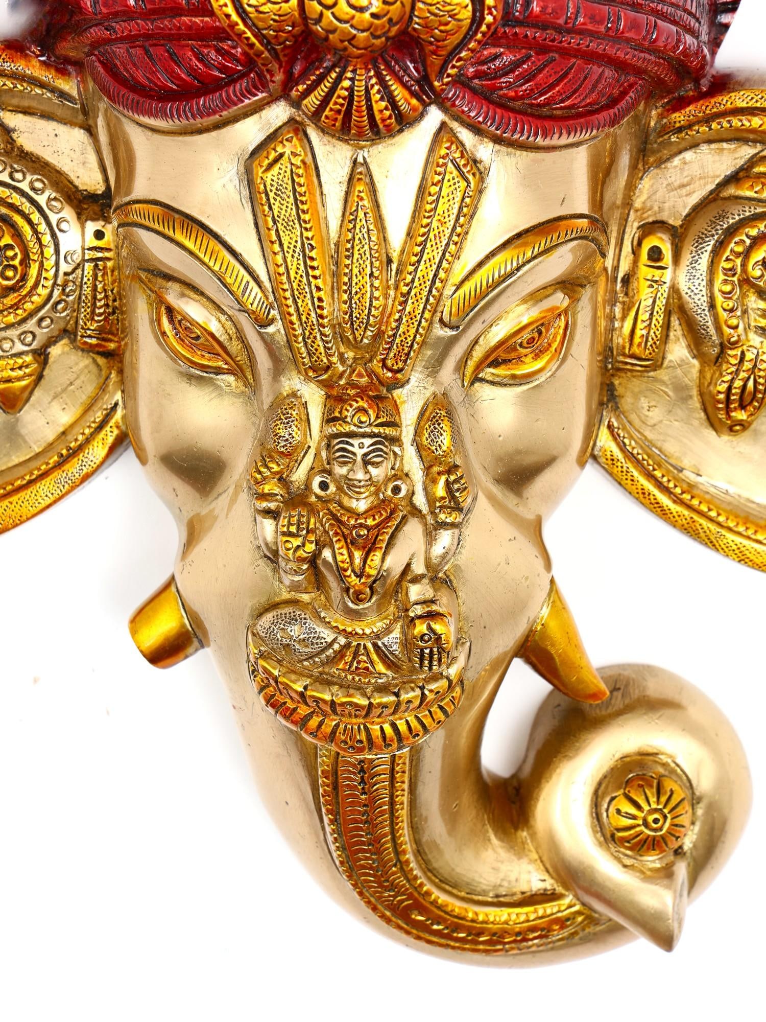 12" Brass Lord Ganesha Wall Hanging Mask with Goddess Lakshmi - 2