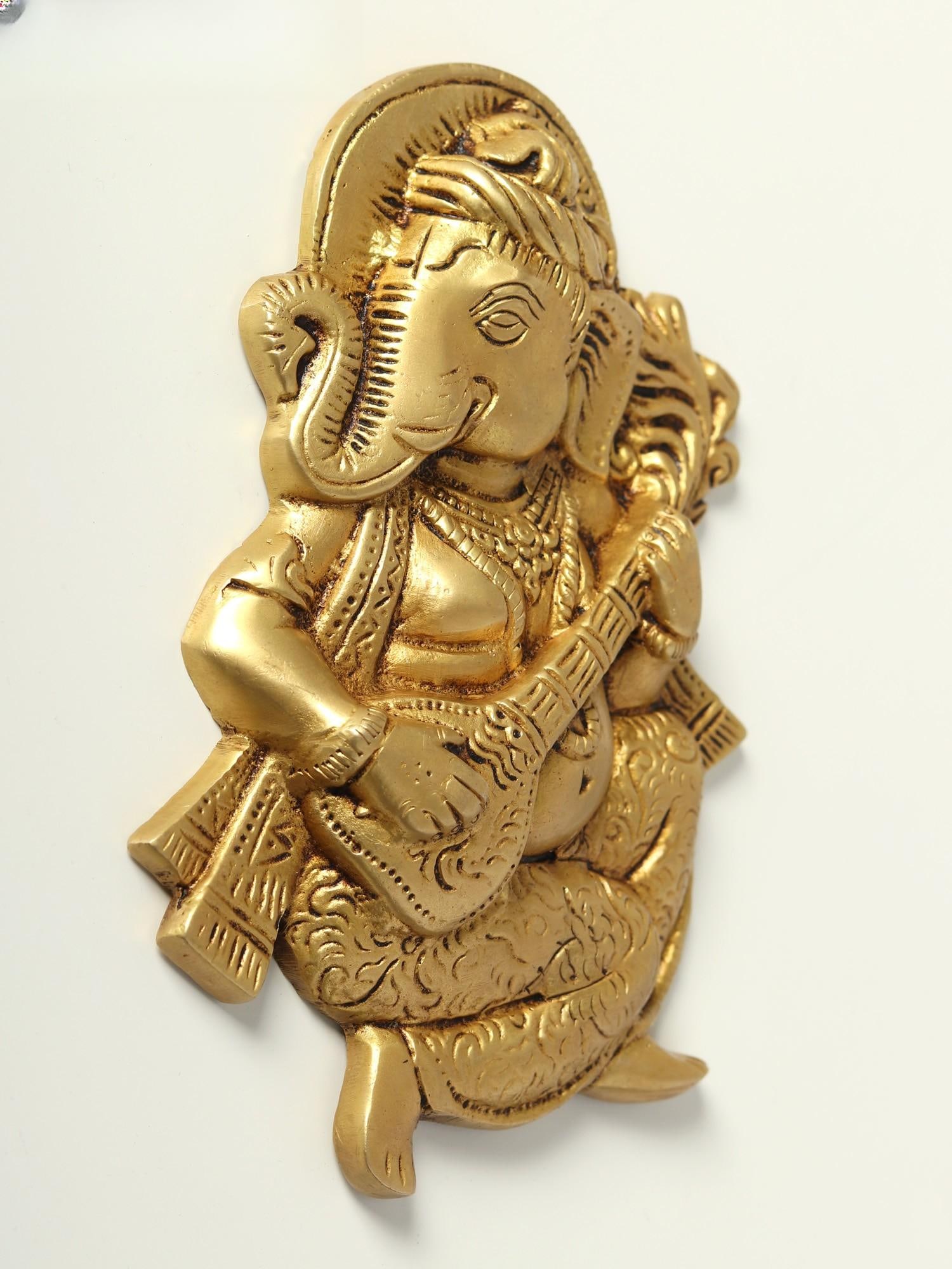 7" Musical Ganesha Wall Hanging Brass Statue - 2