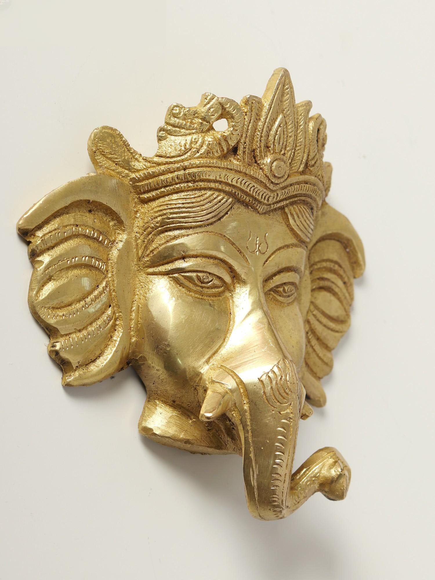 5" Small Ganesha Face Wall Hanging Statue in Brass - 2