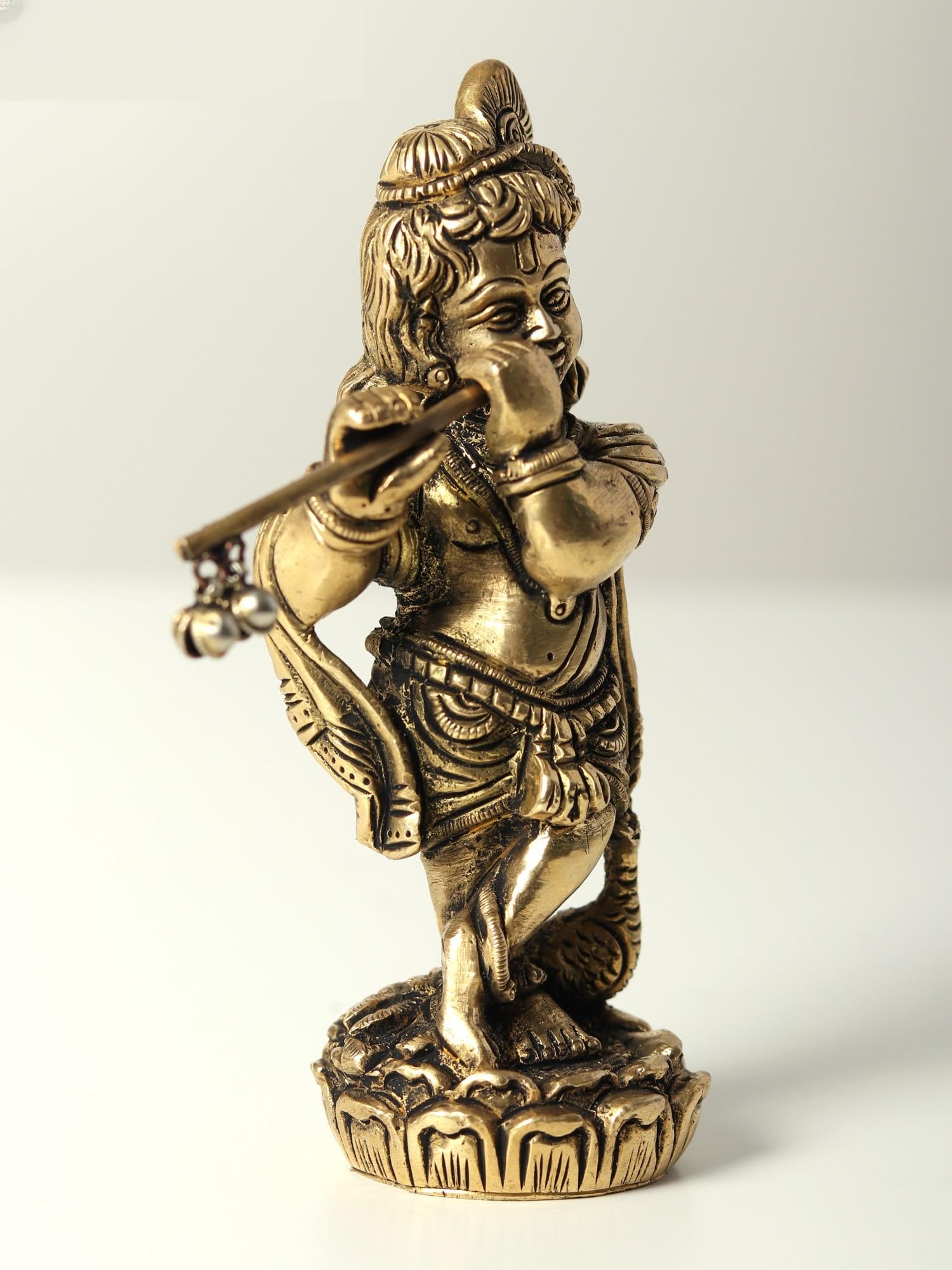 5" Small Standing Bal Krishna Idol Playing Flute | Brass Statue - 2