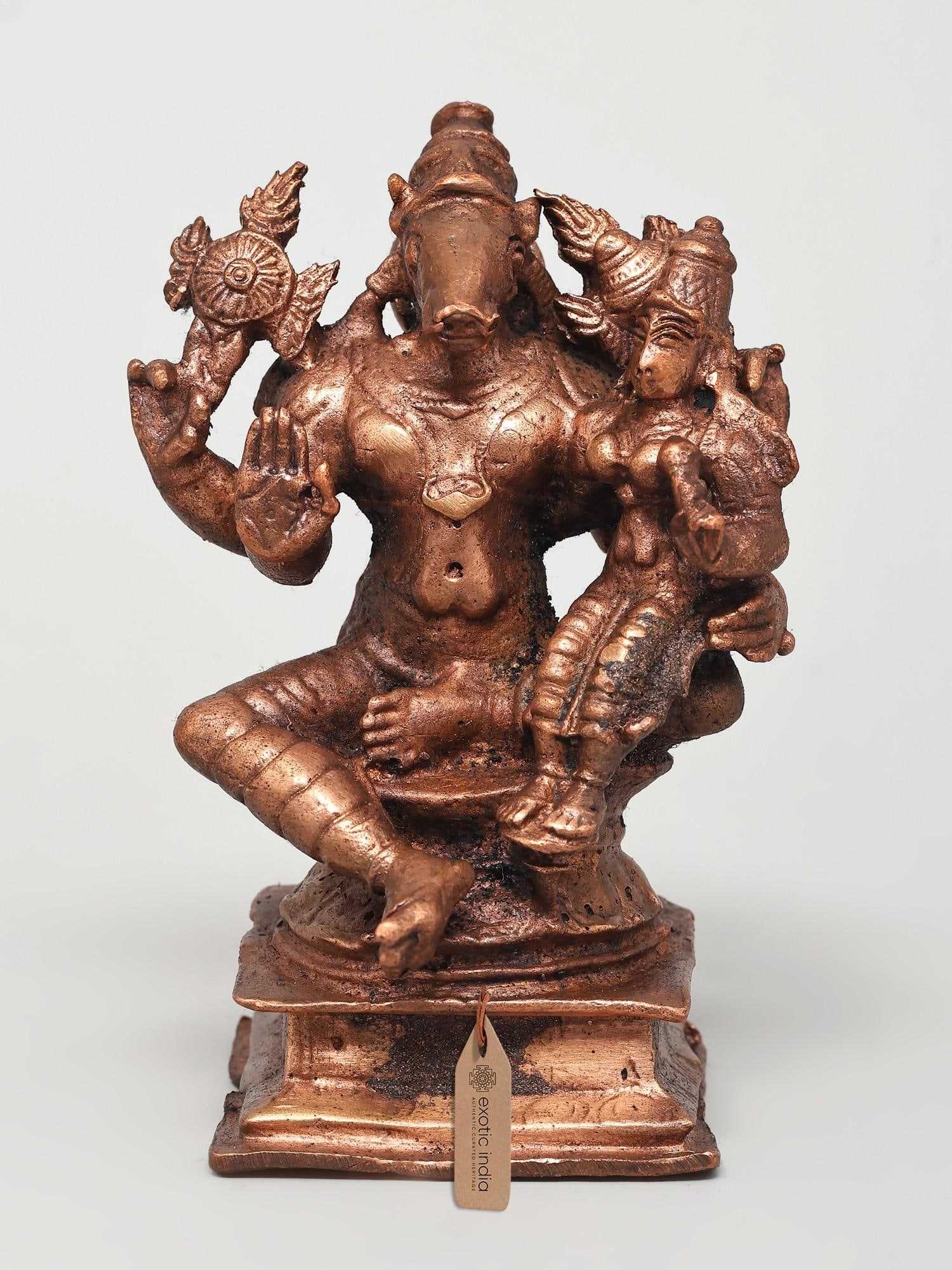 4" Small Sitting Lord Varaha with Goddess Lakshmi | Copper Statue: Title: 4" Small Sitting Lord Varaha with Goddess Lakshmi | Copper Statue Description: Additional Information: Vishnu Statues Reserve: $103.00 Shipping: Domestic: Flat-rate of $11.00 to anywhere within