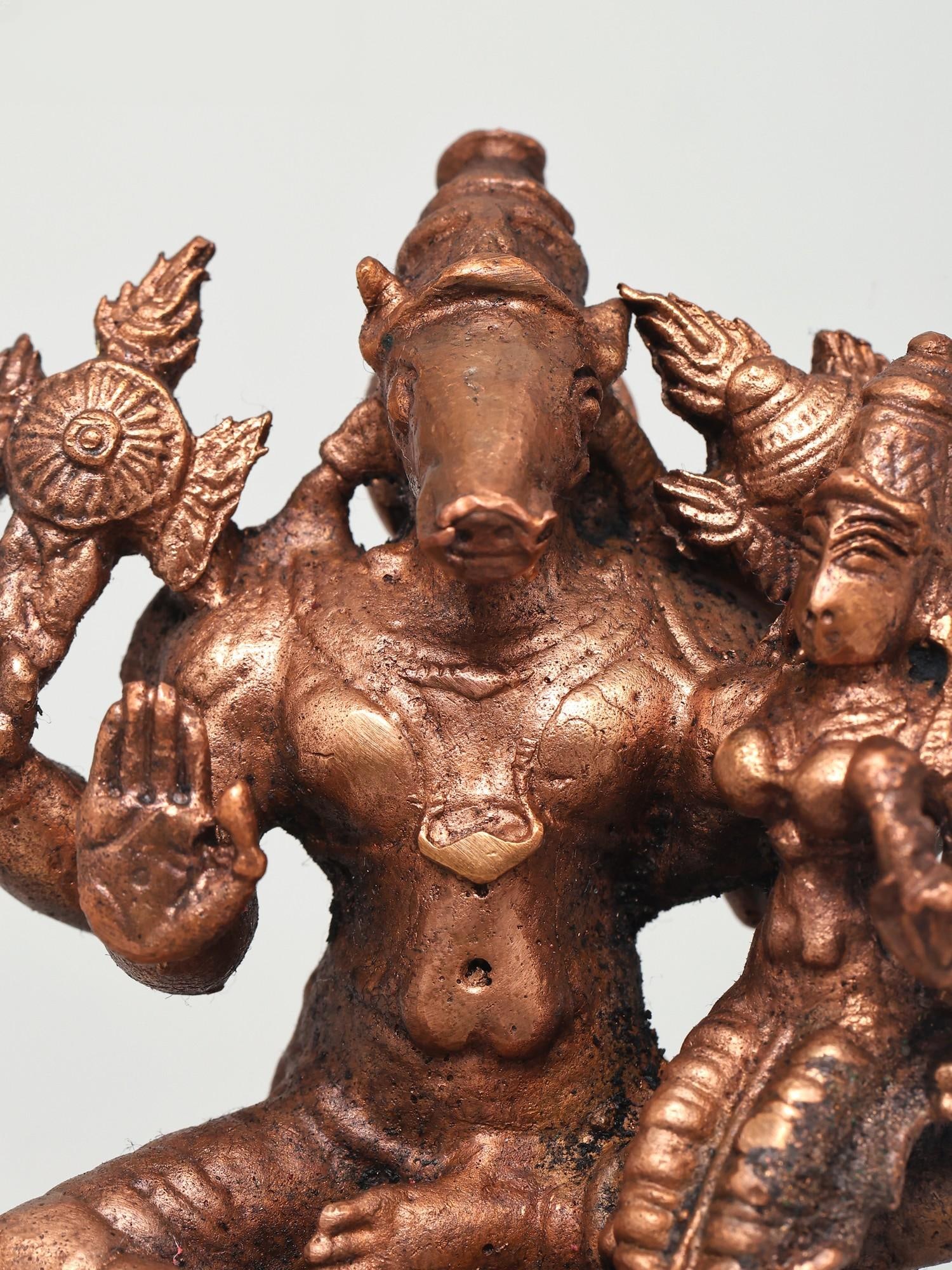 4" Small Sitting Lord Varaha with Goddess Lakshmi | Copper Statue - 2