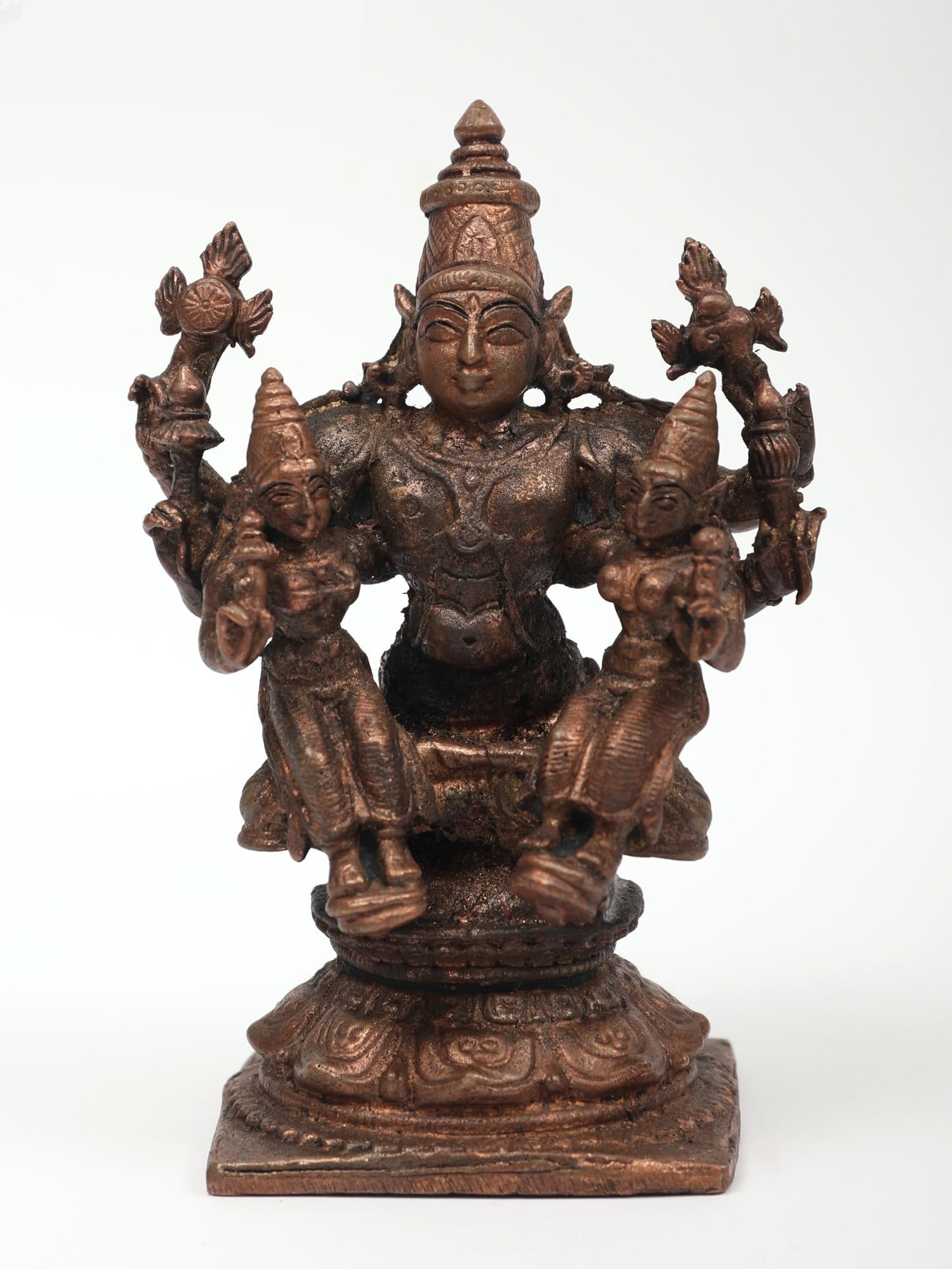 4" Small Lord Vishnu with His Consorts Sridevi and Bhudevi | Copper Statue: Title: 4" Small Lord Vishnu with His Consorts Sridevi and Bhudevi | Copper Statue Description: Additional Information: Small Sized Statues Reserve: $103.00 Shipping: Domestic: Flat-rate of $11.00 to a