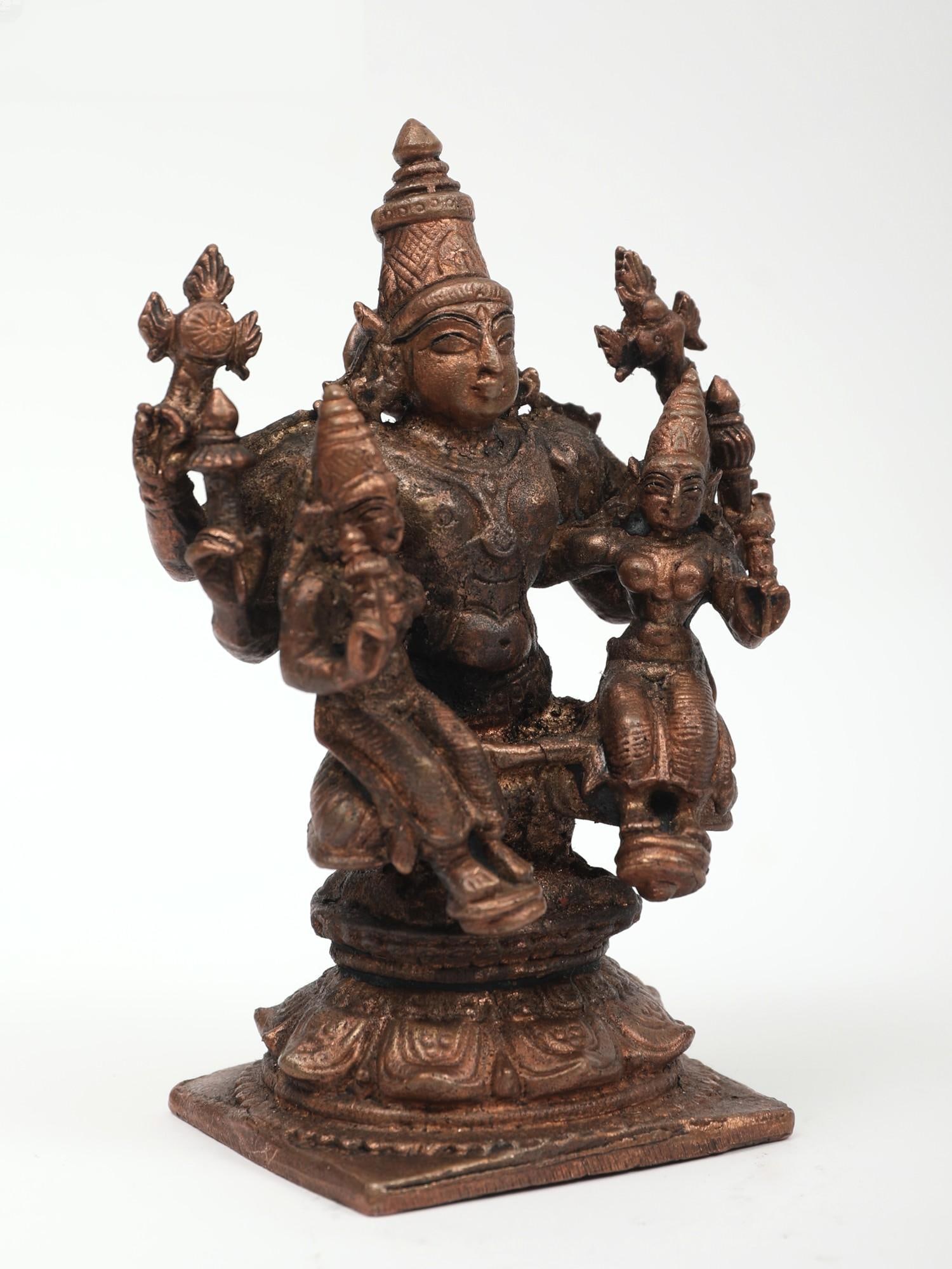4" Small Lord Vishnu with His Consorts Sridevi and Bhudevi | Copper Statue - 2