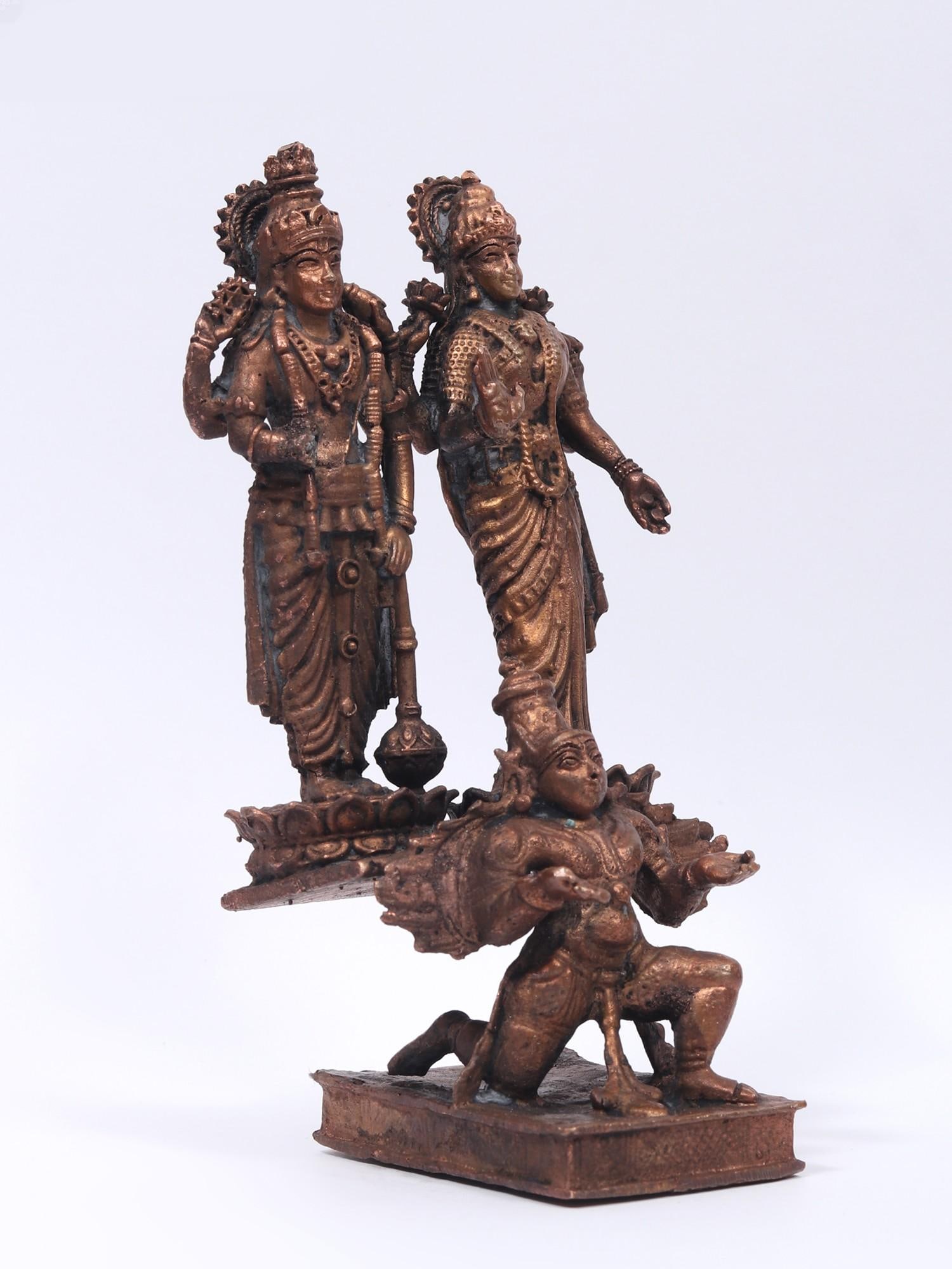 5" Small Lakshmi - Narayana Standing on Garuda | Copper Statue - 2
