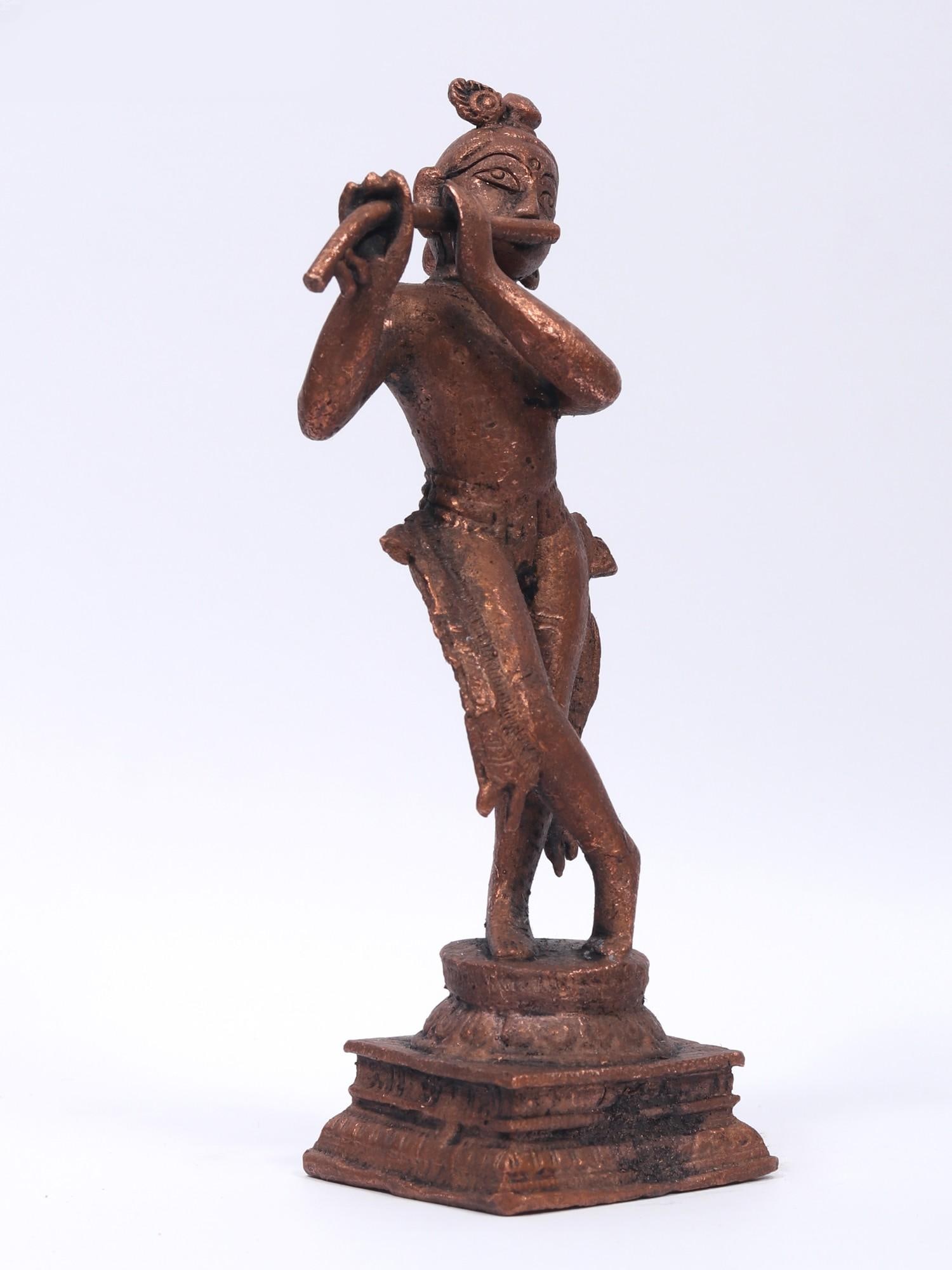 6" Small Bhagawan Krishna Playing Flute | Copper Statue - 2