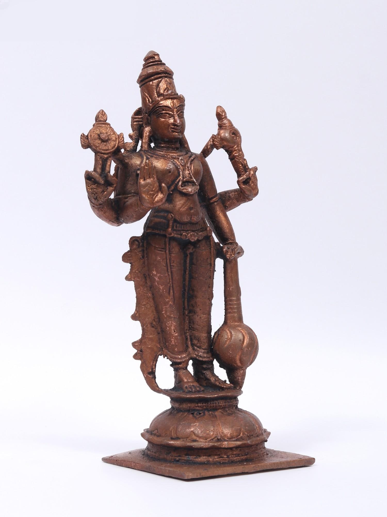 6" Small Standing Lord Vishnu | Copper Statue - 2