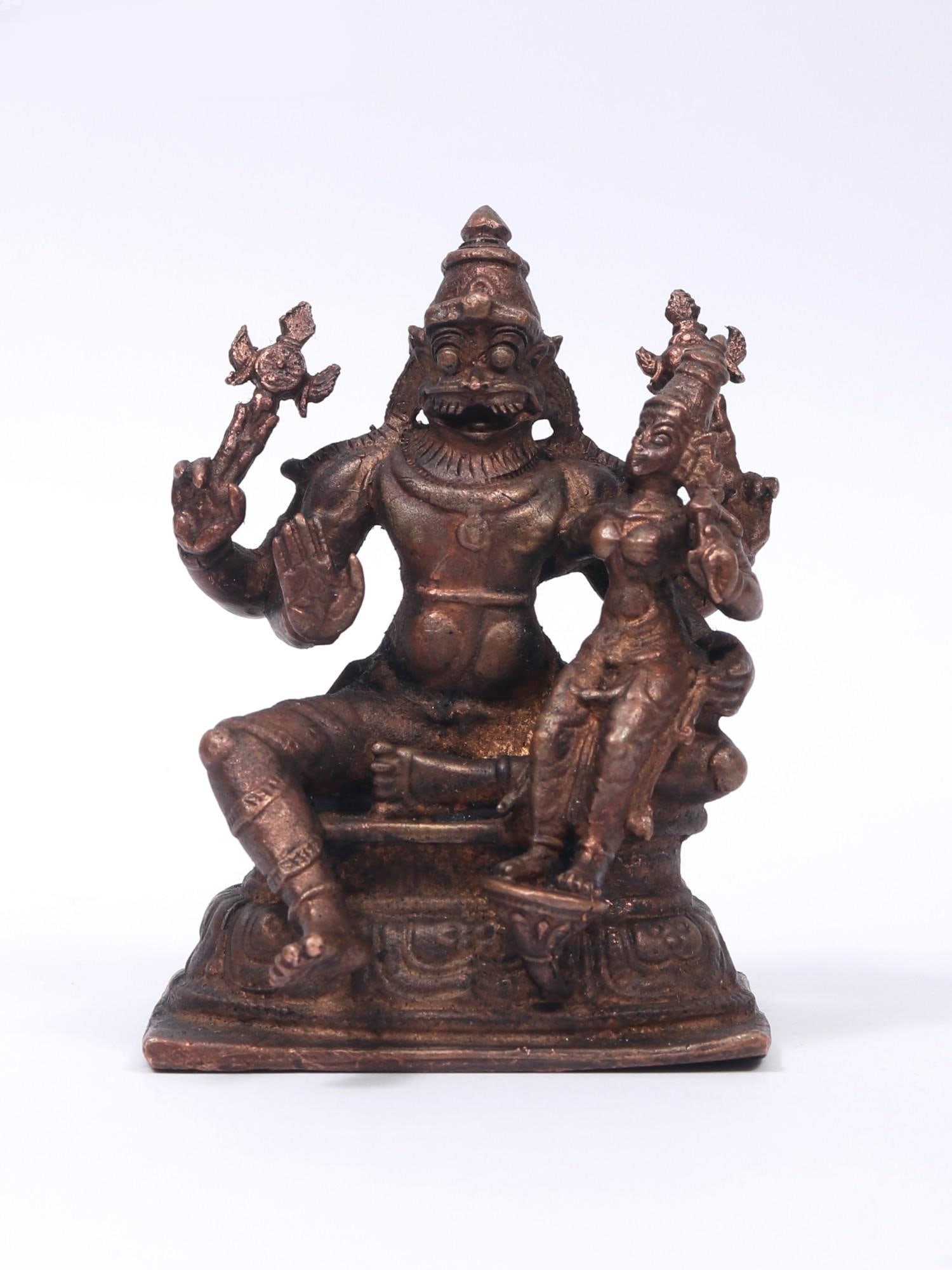 Small Idol of Lord Narasimha and Goddess Lakshmi | Copper Statue (1 of 2)