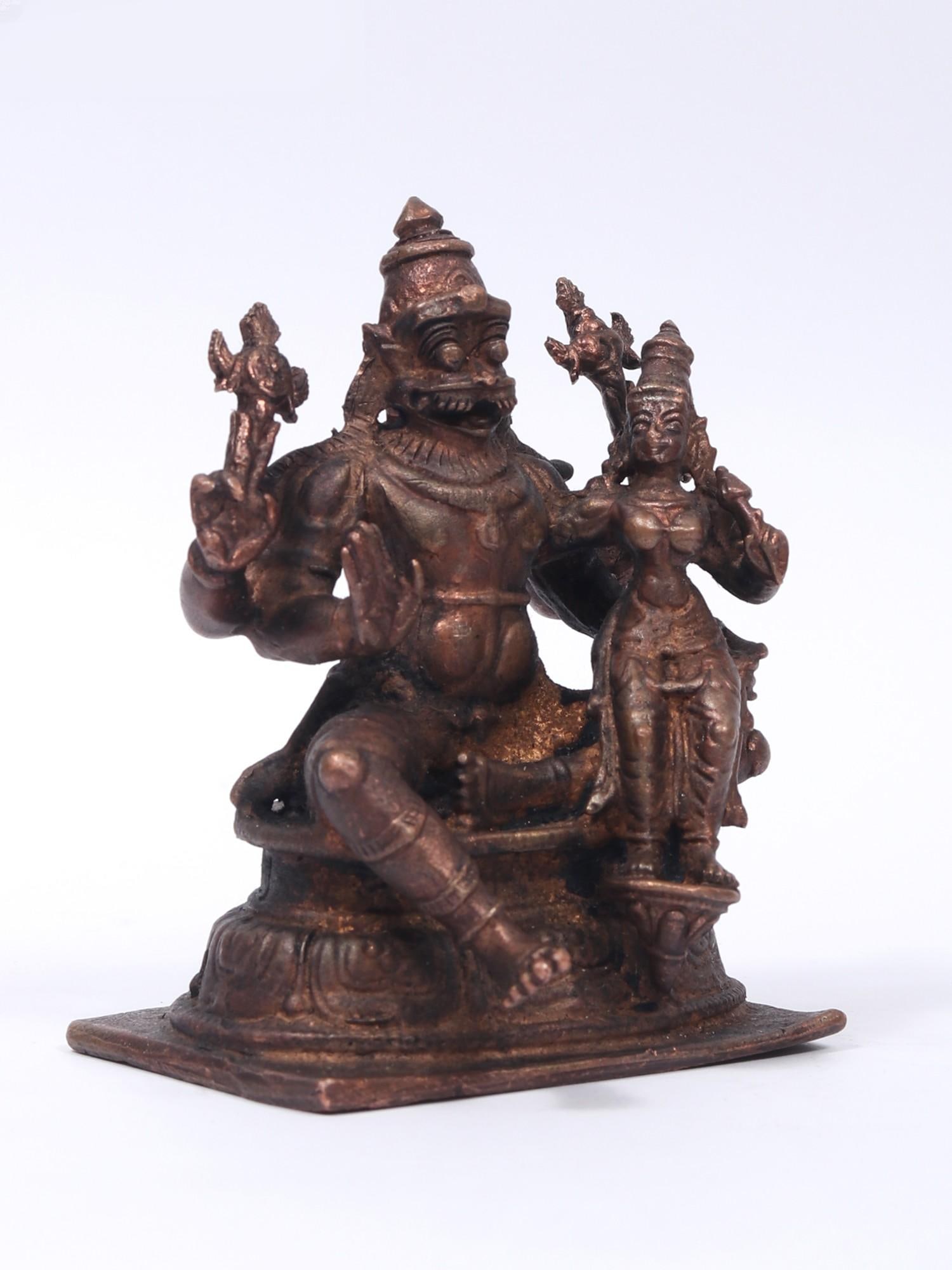 Small Idol of Lord Narasimha and Goddess Lakshmi | Copper Statue - 2