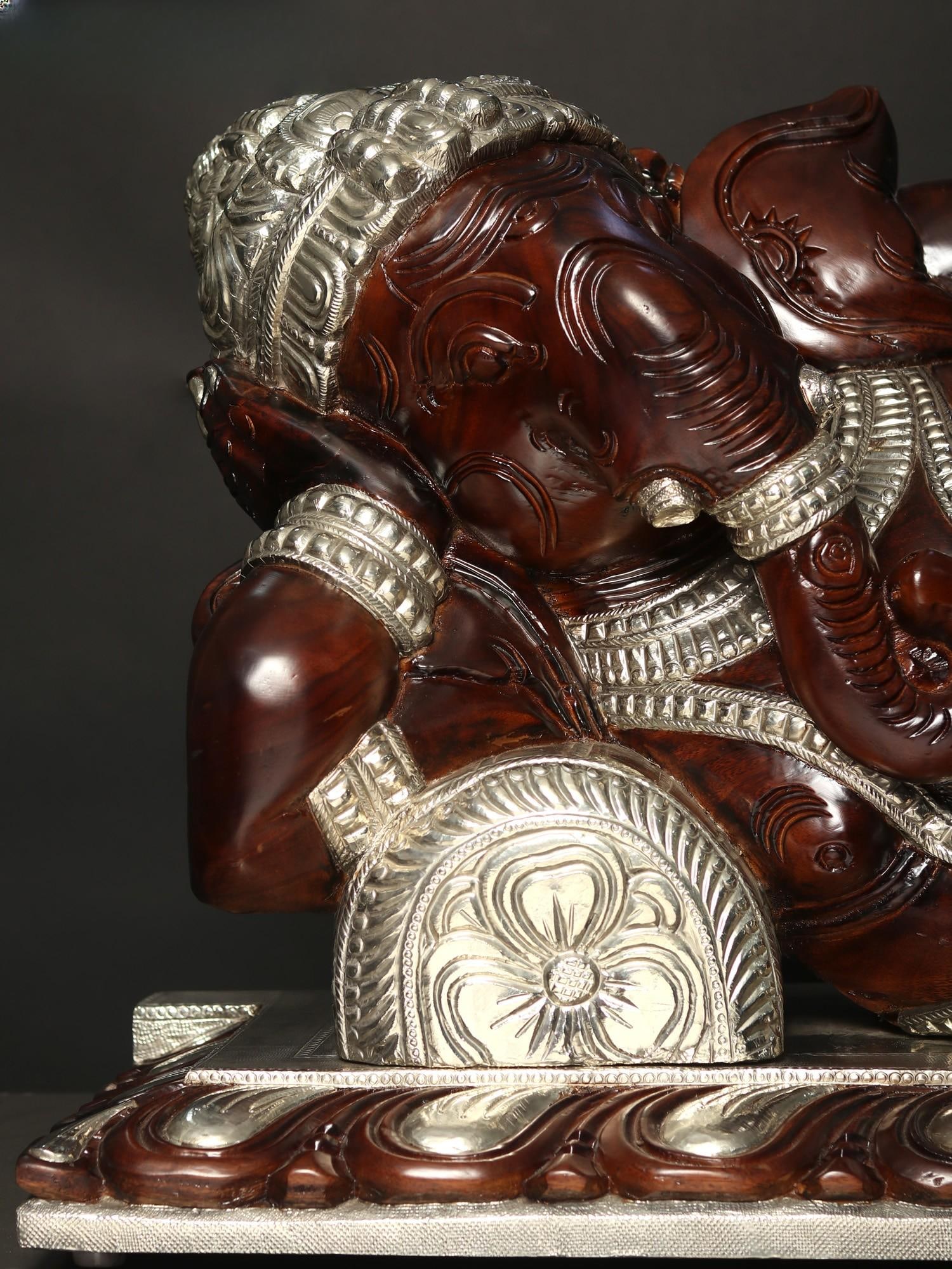 41" Large Relaxing Lord Ganesha Idol with Silver Finish | Wood Carved Statue - 2