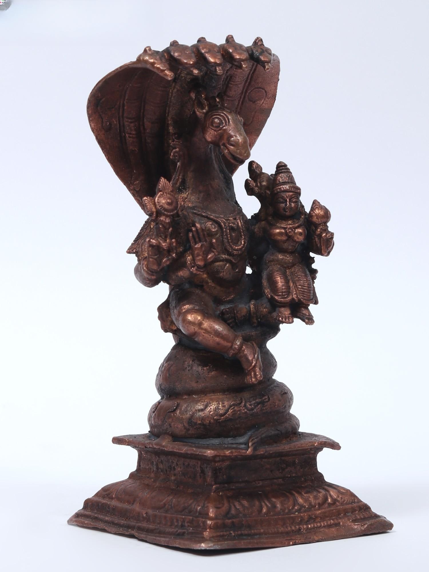 4" Small Lord Hayagreeva Seated Under The Sheshnag with Devi Lakshmi | Copper Statue - 2