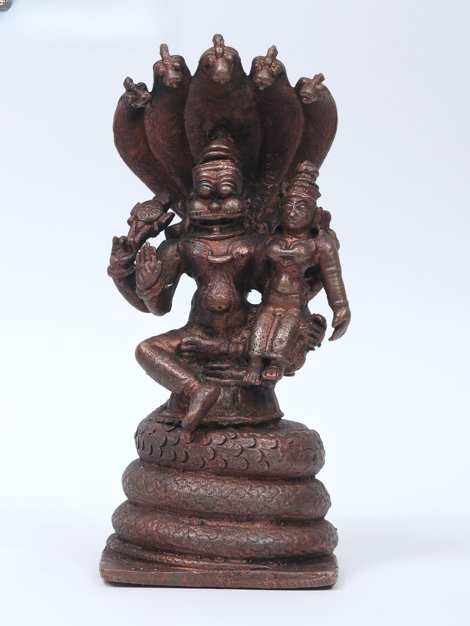 5" Small Lakshmi - Narasimha Seated on Sheshnag | Copper Statue (1 of 2)