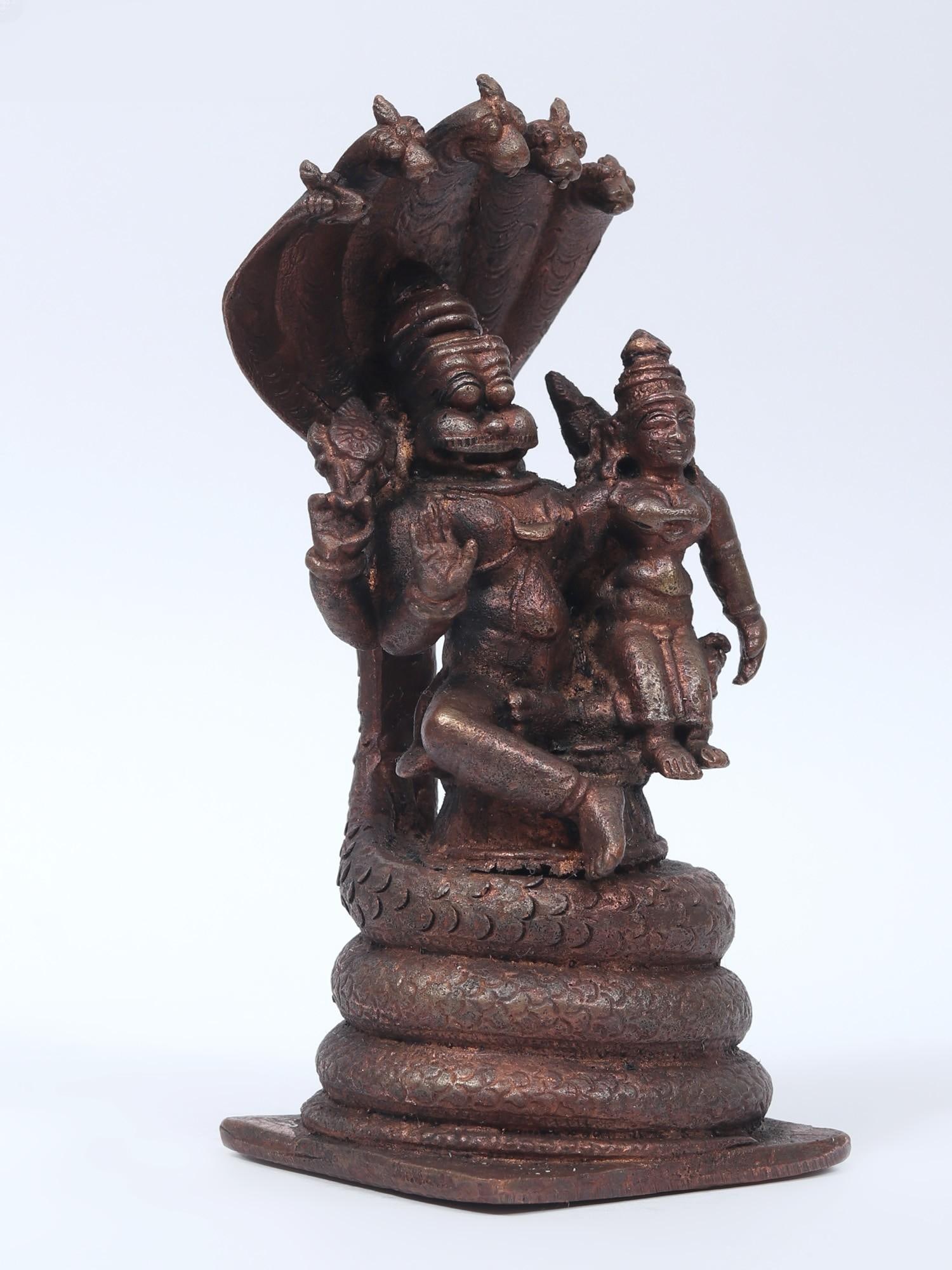 5" Small Lakshmi - Narasimha Seated on Sheshnag | Copper Statue - 2