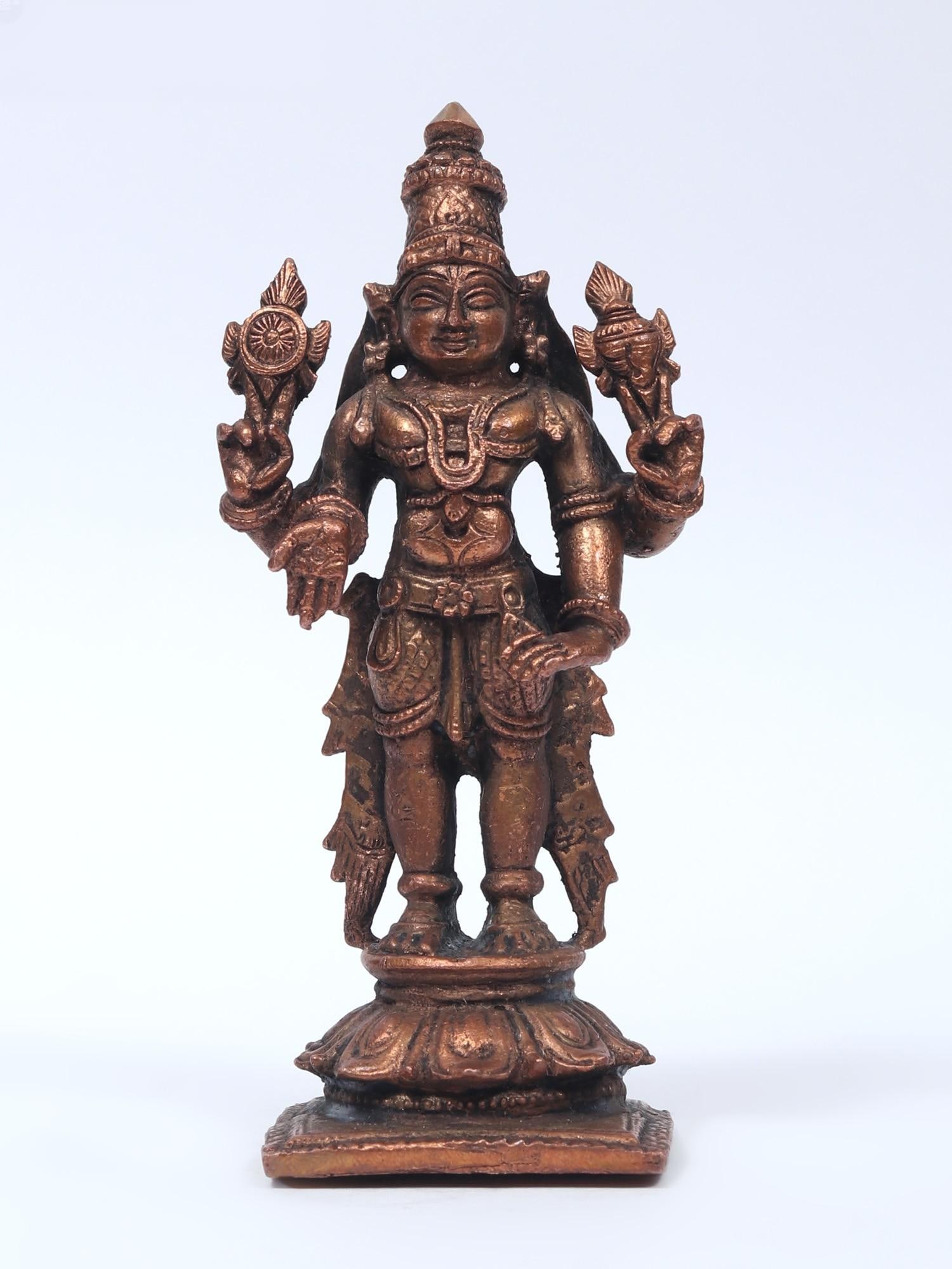 4" Small Standing Lord Vishnu | Copper Statue: Title: 4" Small Standing Lord Vishnu | Copper Statue Description: Additional Information: Small Sized Statues Reserve: $73.00 Shipping: Domestic: Flat-rate of $8.00 to anywhere within the contiguous U