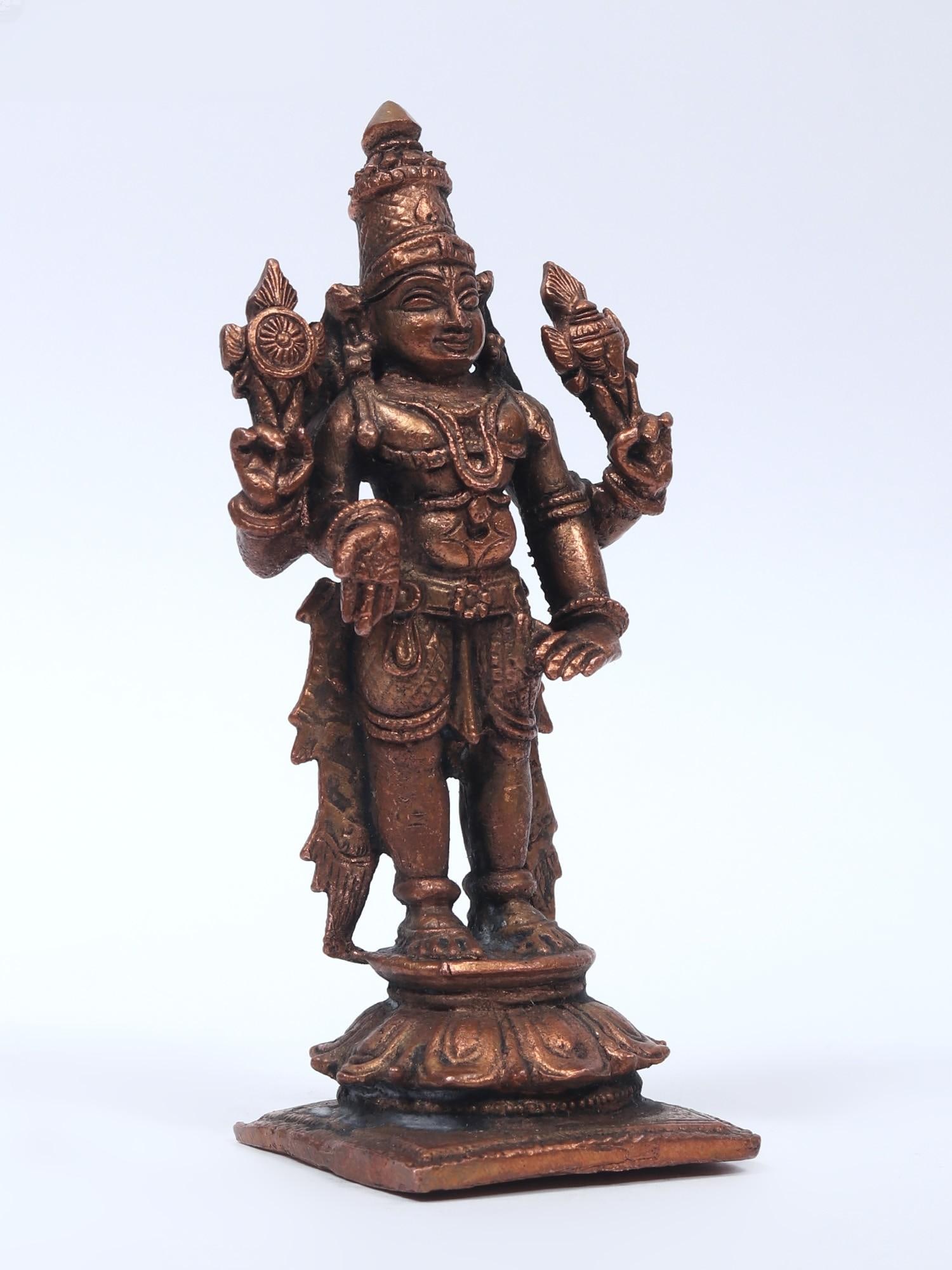 4" Small Standing Lord Vishnu | Copper Statue - 2