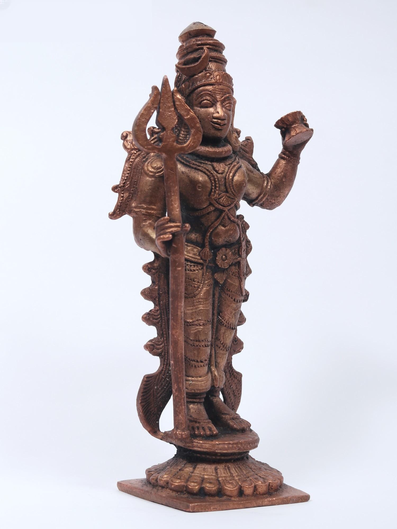 6" Small Lord Shiva with Trident and Damaru | Copper Statue - 2