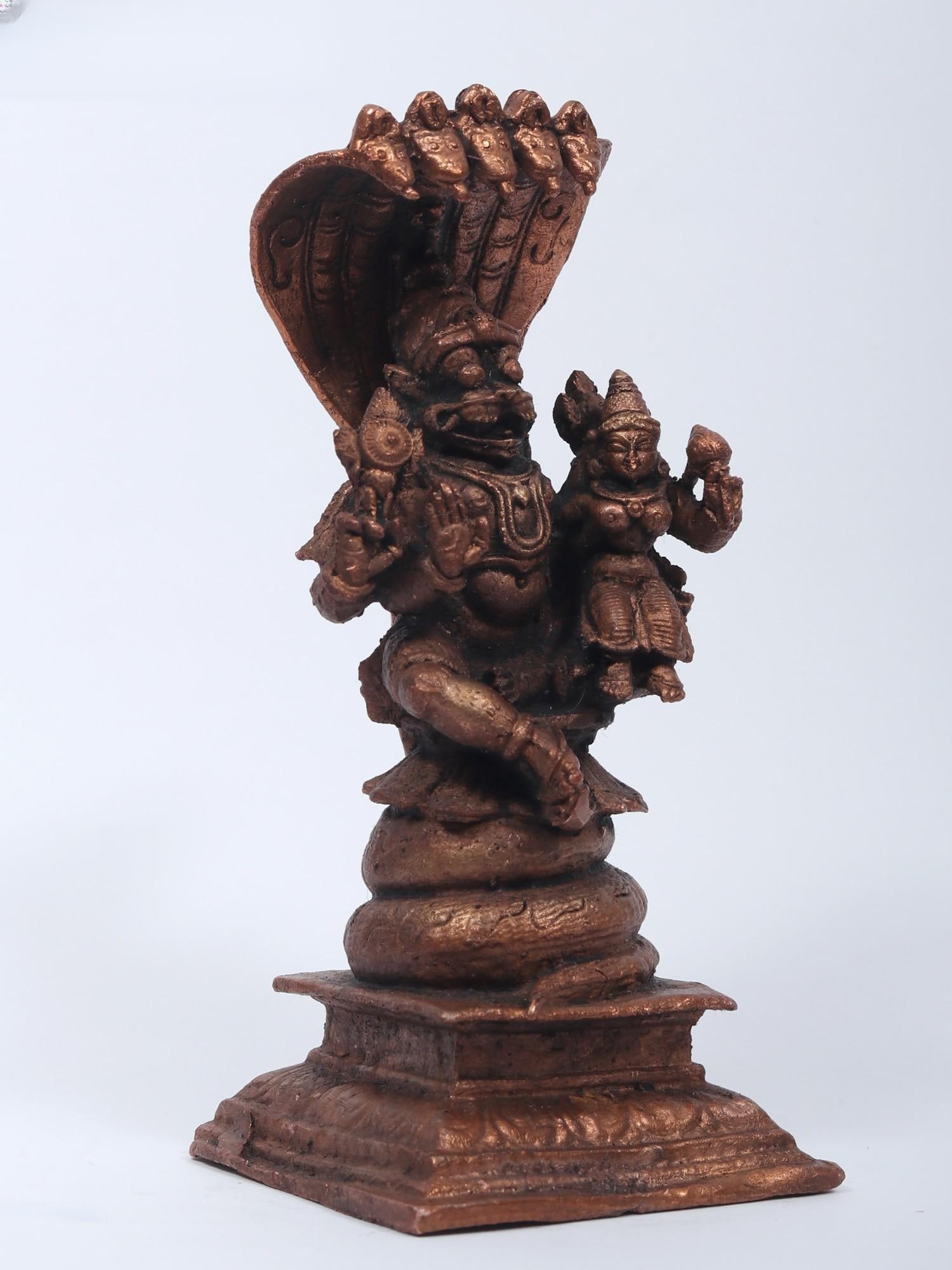 4" Small Lakshmi - Narasimha Seated Under The Sheshnag | Copper Statue - 2