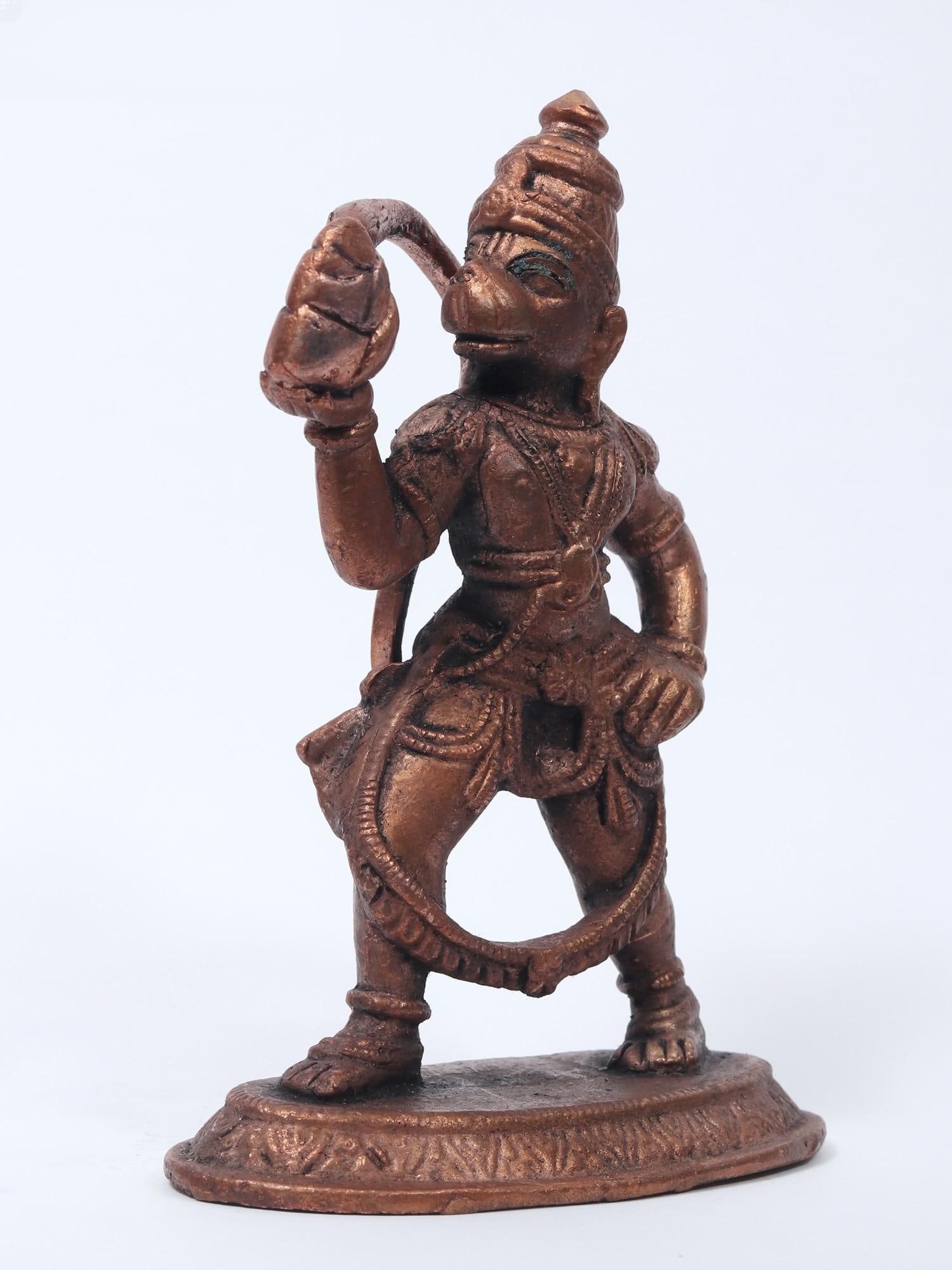 5" Small Lord Hanuman Copper Statue Holding Mountain of Sanjeevani Herbs - 2