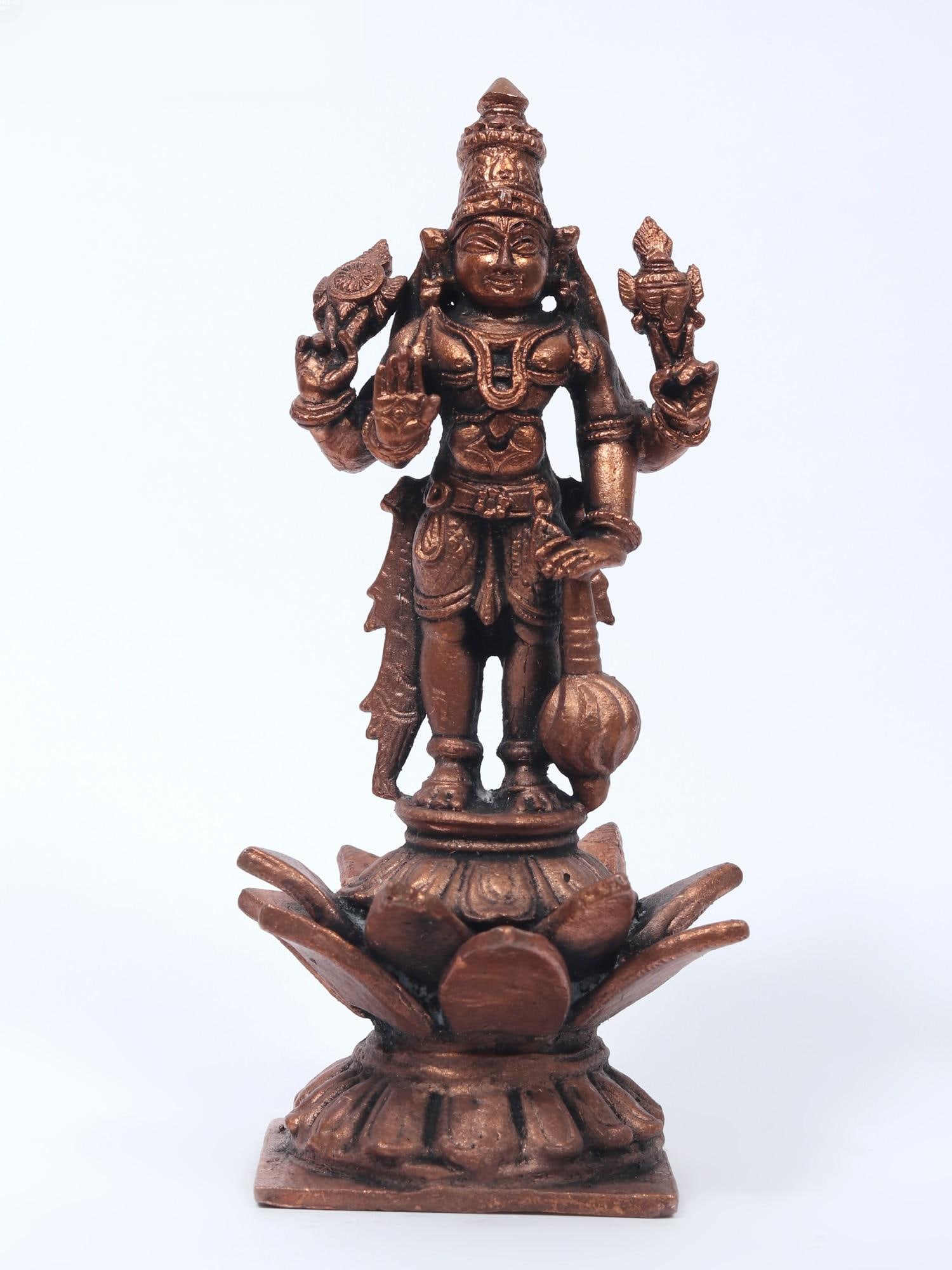 5" Small Four-Armed Lord Vishnu Idol Standing on Lotus | Copper Statue: Title: 5" Small Four-Armed Lord Vishnu Idol Standing on Lotus | Copper Statue Description: स्तव्यः