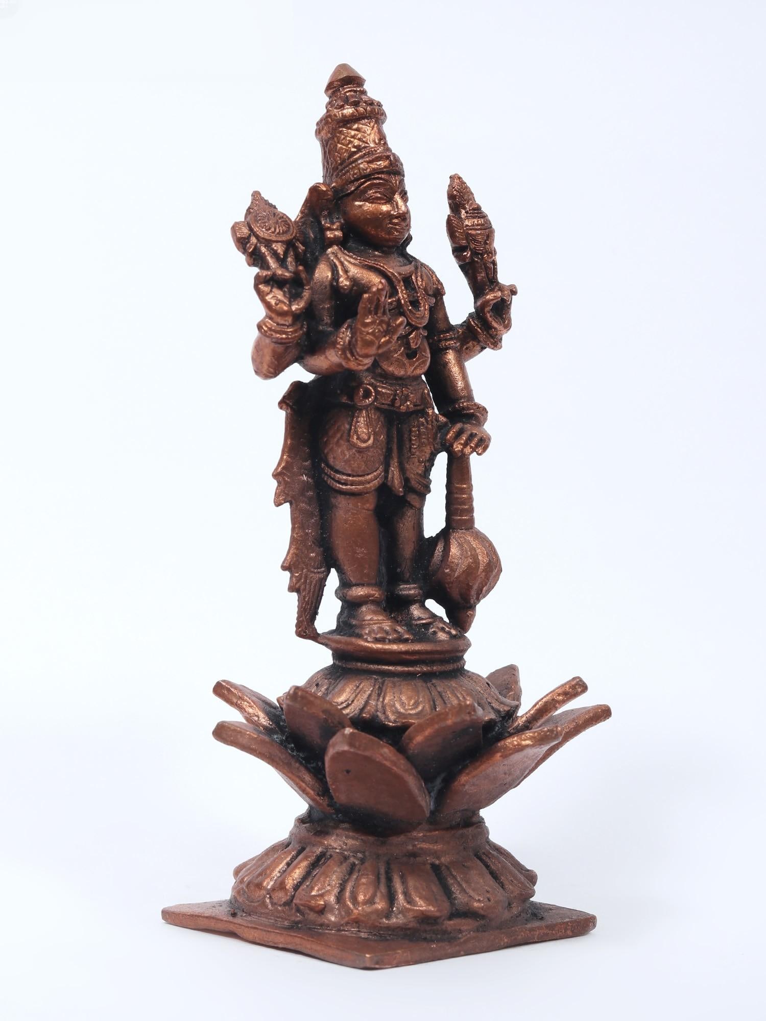 5" Small Four-Armed Lord Vishnu Idol Standing on Lotus | Copper Statue - 2