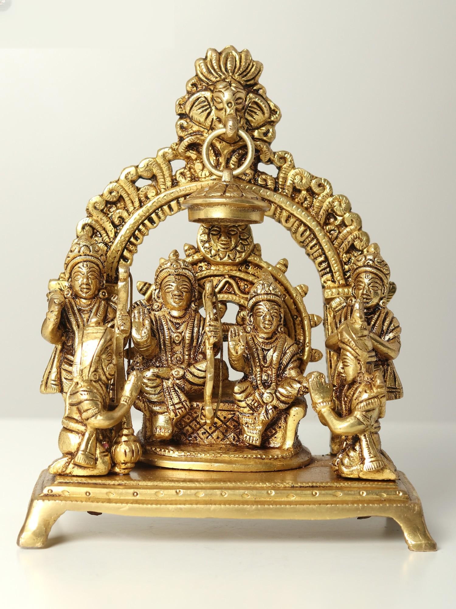 7" Complete Ram Darbar Idol | Handmade Brass Statue: Title: 7" Complete Ram Darbar Idol | Handmade Brass Statue Description: The image of Ram Darbar embodies the triumph of good over evil, narrating the epic tale of Lord Ram's righteousness prevailing