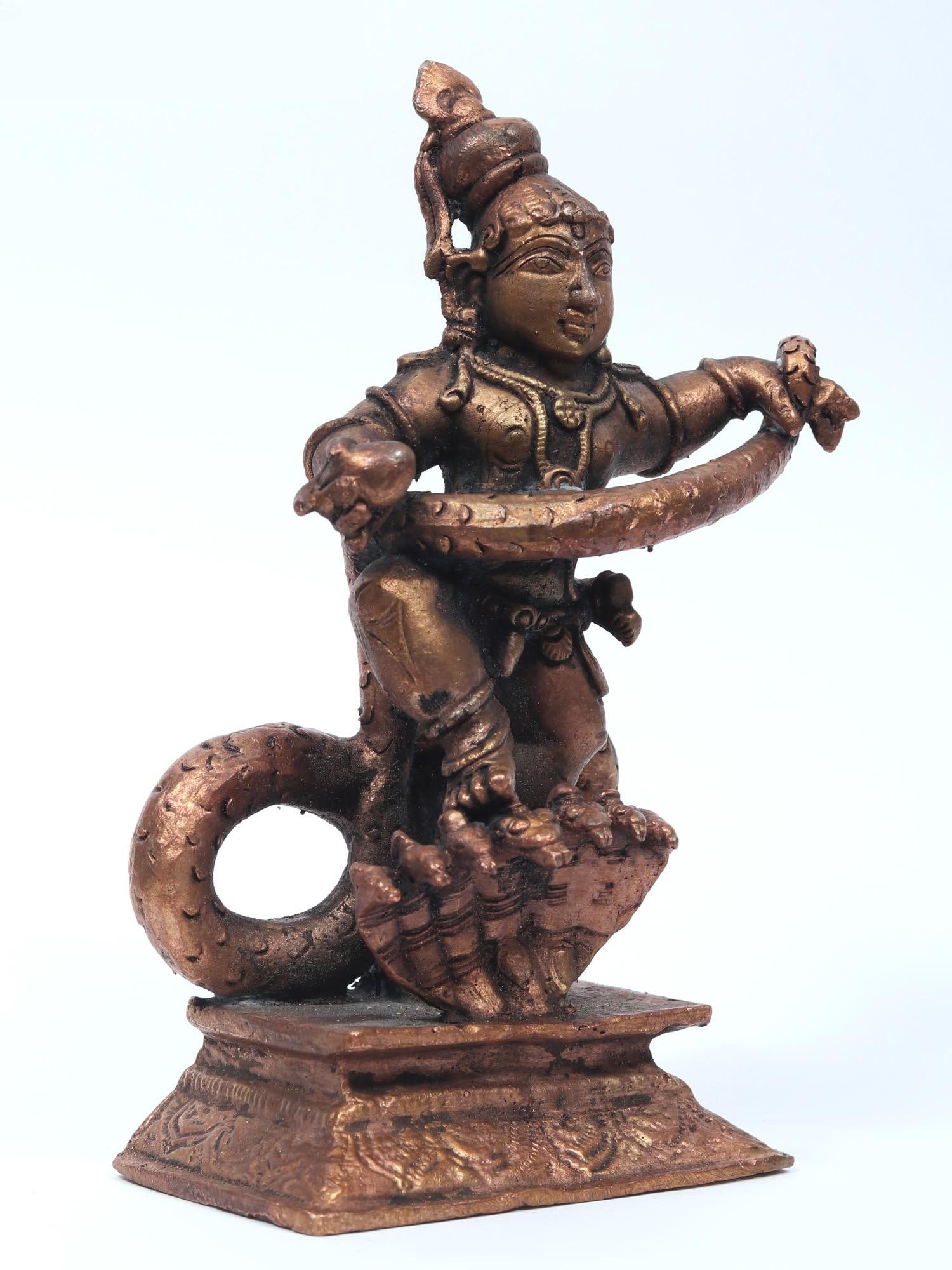 5" Small Kaliya Mardan Krishna Copper Statue - 2