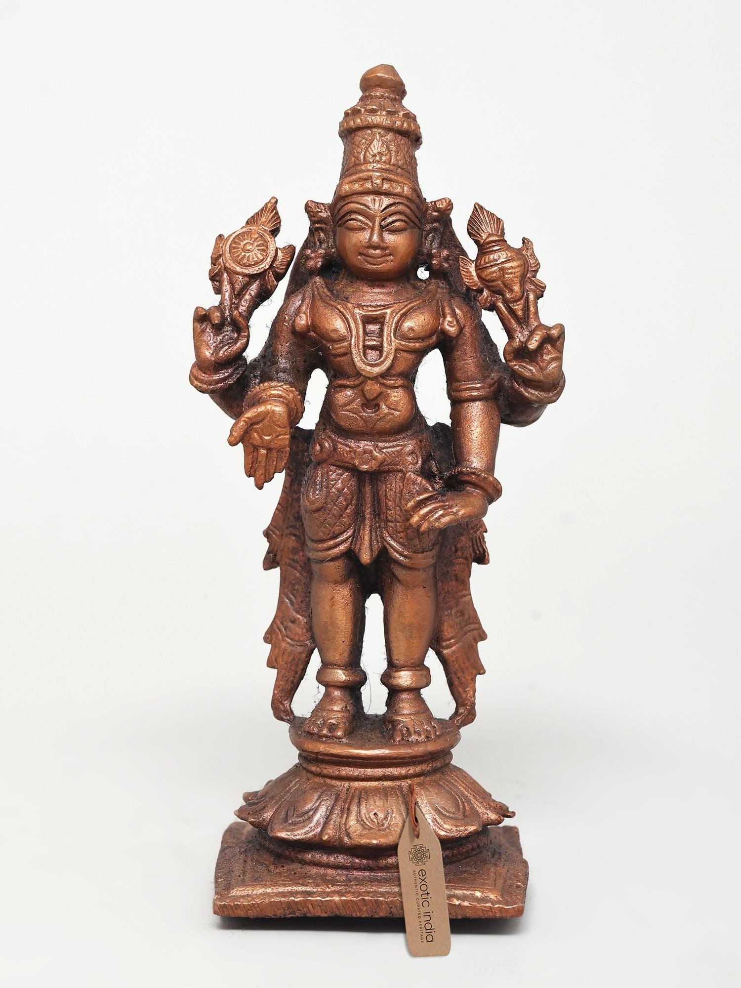 4" Small Standing Lord Vishnu Copper Statue: Title: 4" Small Standing Lord Vishnu Copper Statue Description: Lord Vishnu's standing picture represents his awareness and intention to protect his devotees at all times and in any situation. This Sm