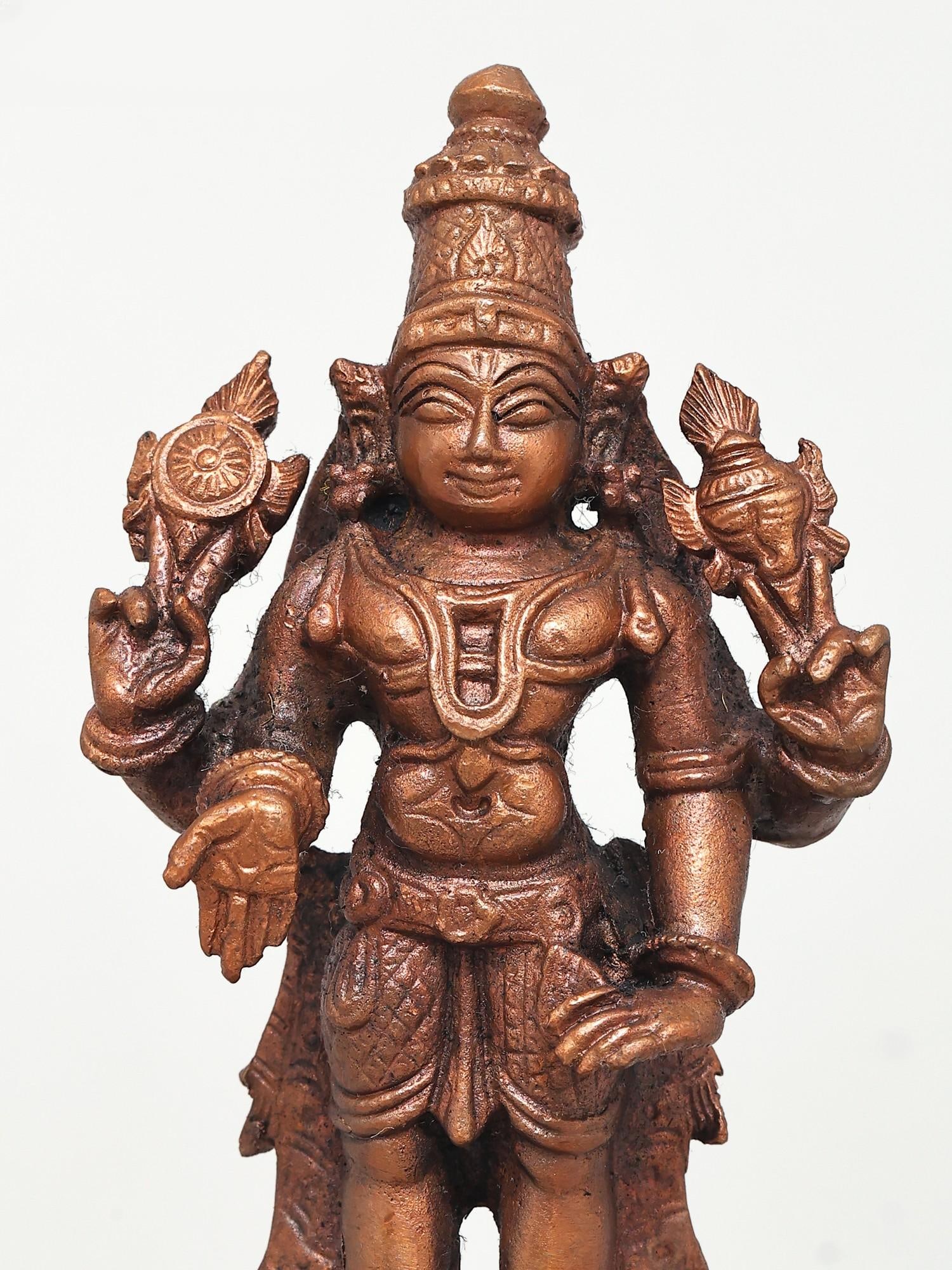 4" Small Standing Lord Vishnu Copper Statue - 2