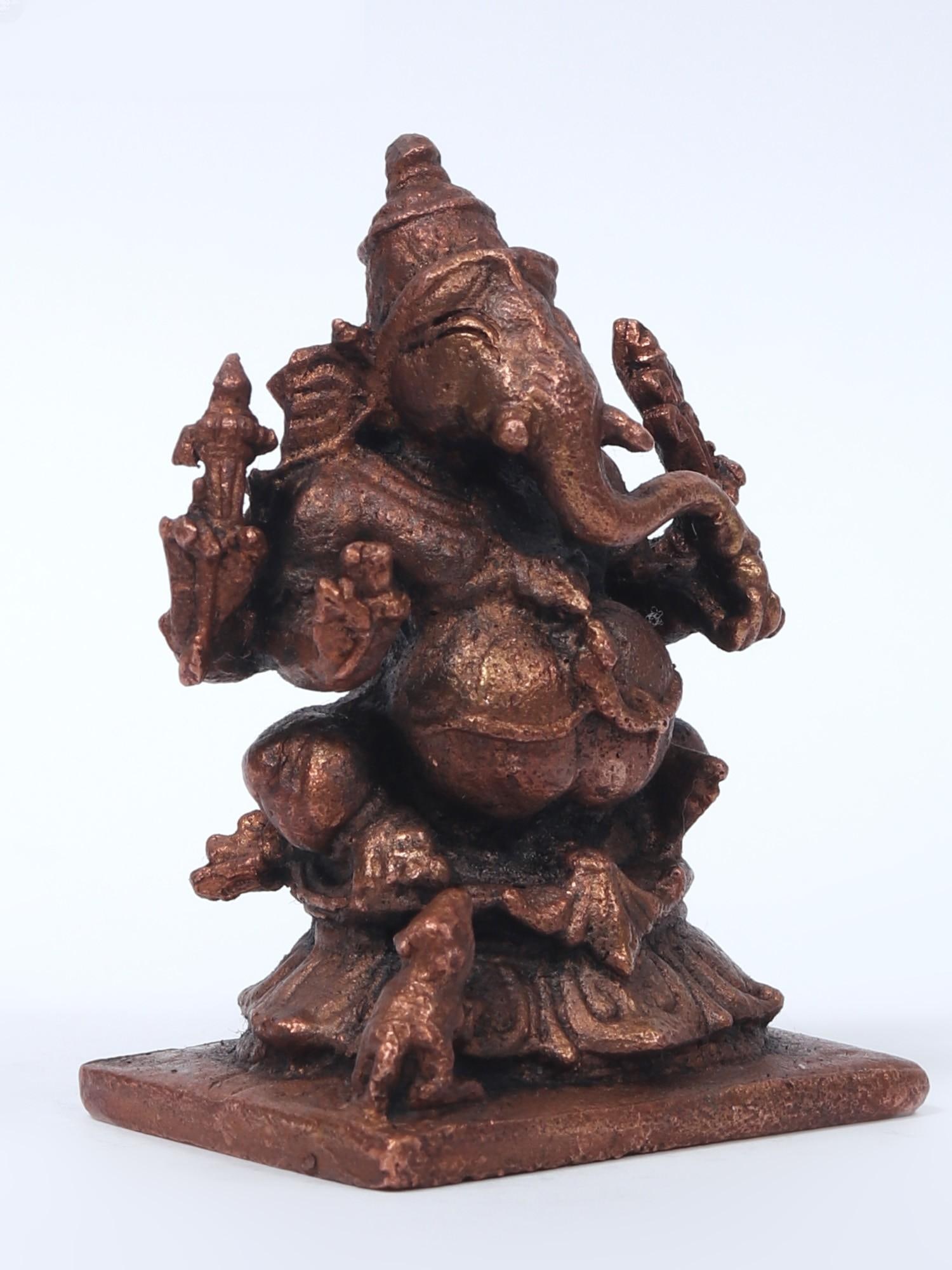 2" Small Four-Armed Lord Ganapati Copper Statue - 2