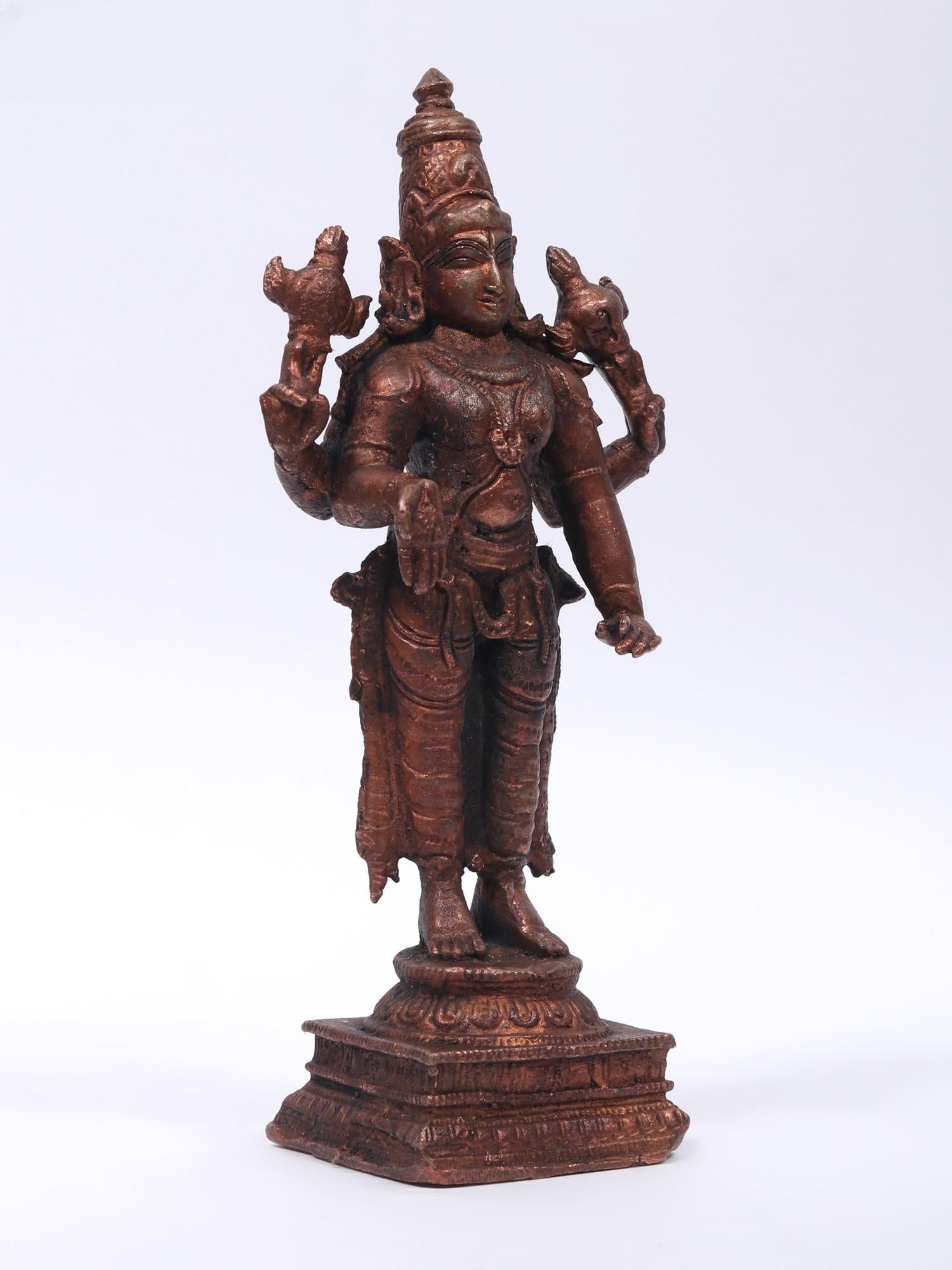 6" Small Four-Armed Standing Lord Vishnu Copper Statue - 2