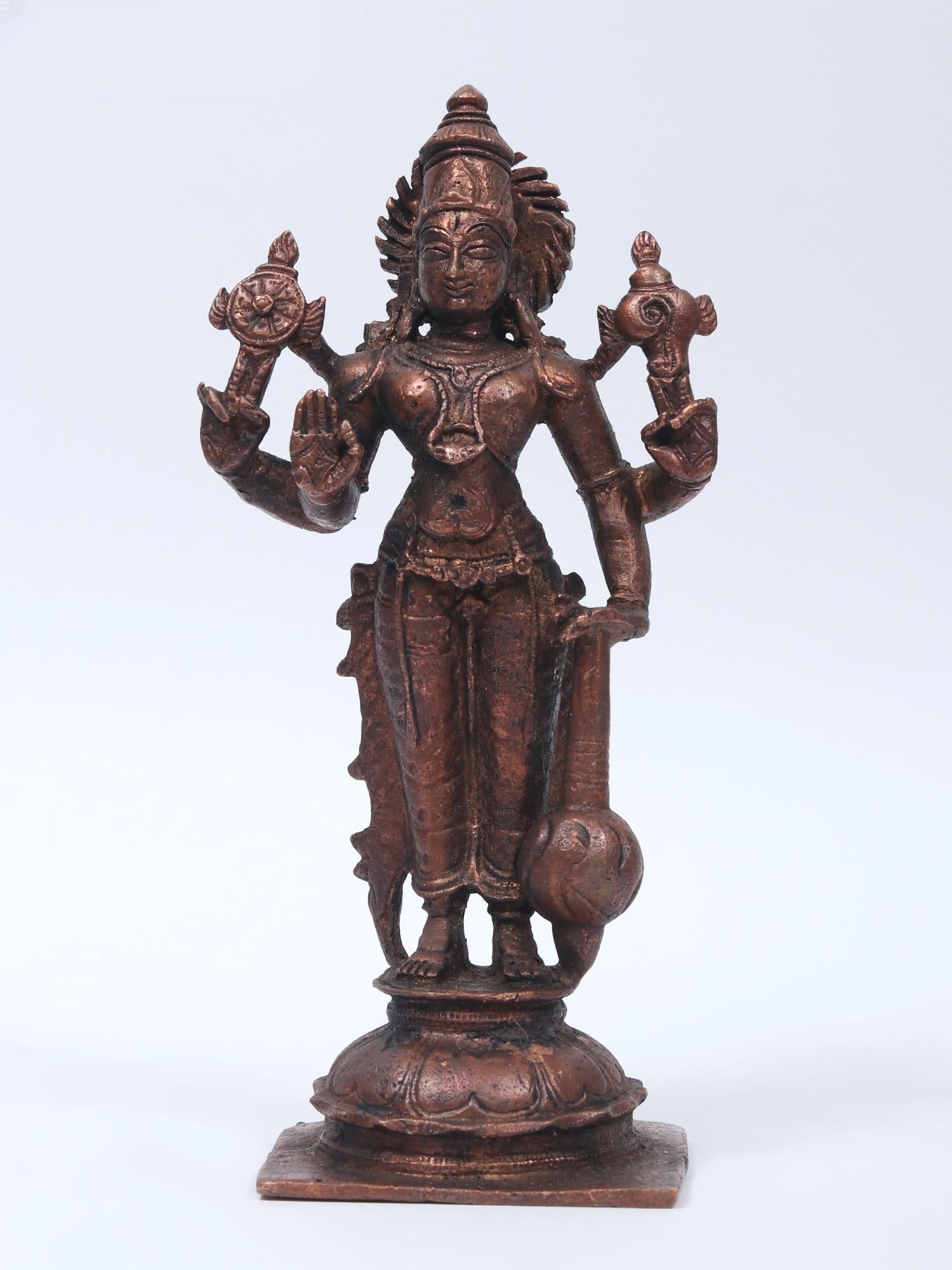 5" Small Standing Lord Vishnu Idol in Blessing Gesture | Copper Statue: Title: 5" Small Standing Lord Vishnu Idol in Blessing Gesture | Copper Statue Description: This Small Standing Lord Vishnu in Blessing Gesture, created using ancient casting methods, is one of the bes