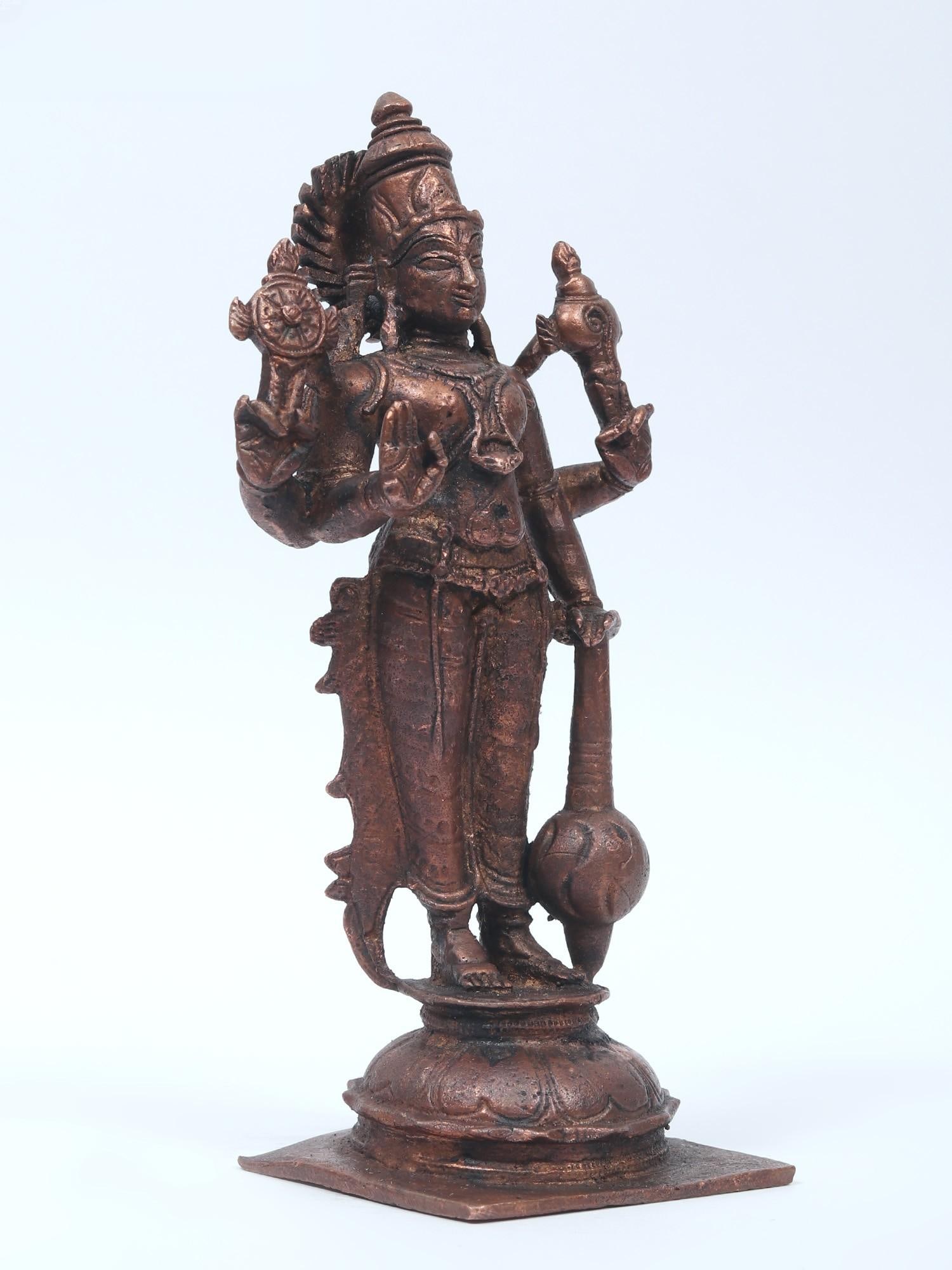 5" Small Standing Lord Vishnu Idol in Blessing Gesture | Copper Statue - 2