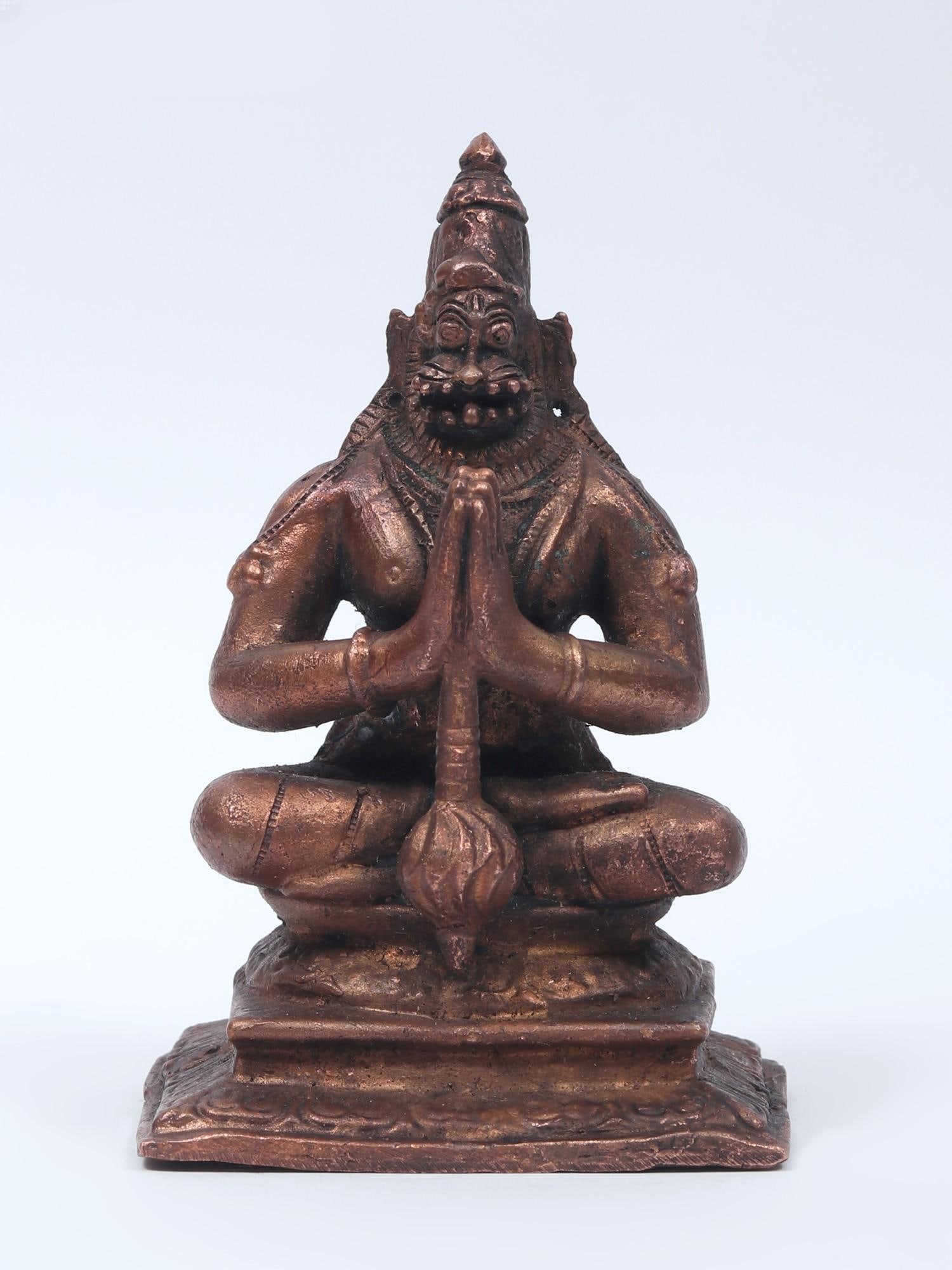 4" Small Sitting Lord Narasimha Idol in Namaskar Mudra | Copper Statue: Title: 4" Small Sitting Lord Narasimha Idol in Namaskar Mudra | Copper Statue Description: It is firmly believed that praying to this Lord can bestow a variety of benefits such as mitigating sins, cur