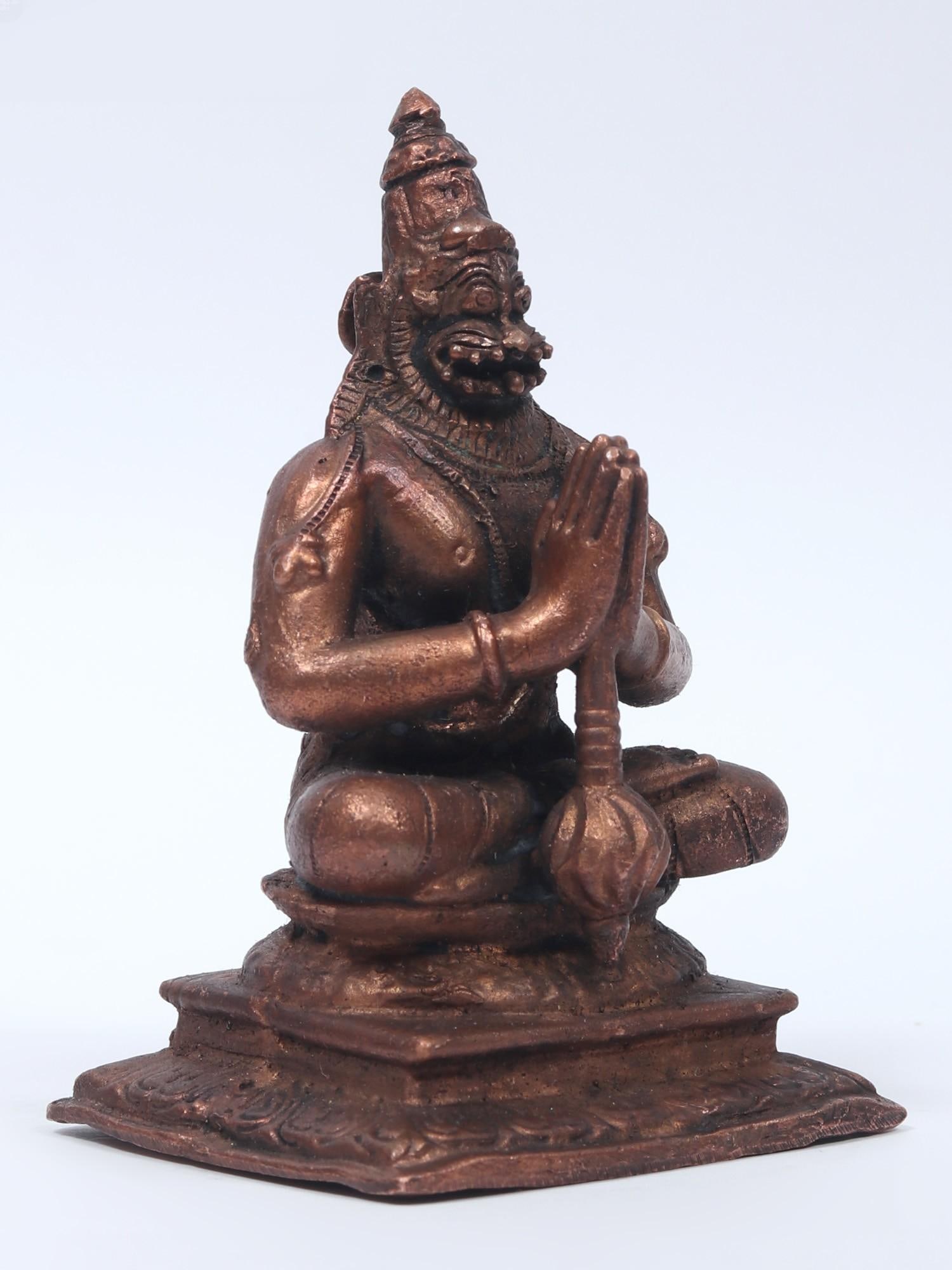 4" Small Sitting Lord Narasimha Idol in Namaskar Mudra | Copper Statue - 2