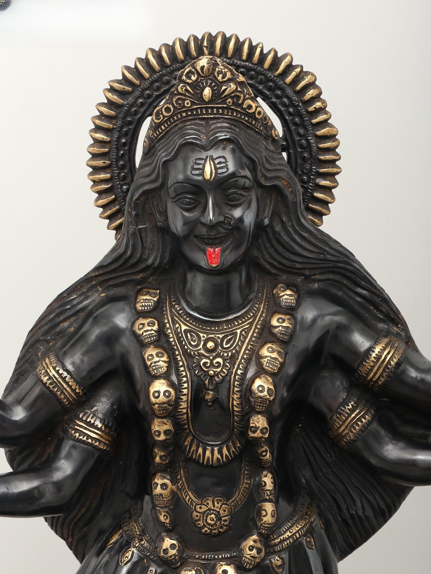 31" Large Goddess Kali Idol Standing on Lord Shiva | Brass Statue - 2