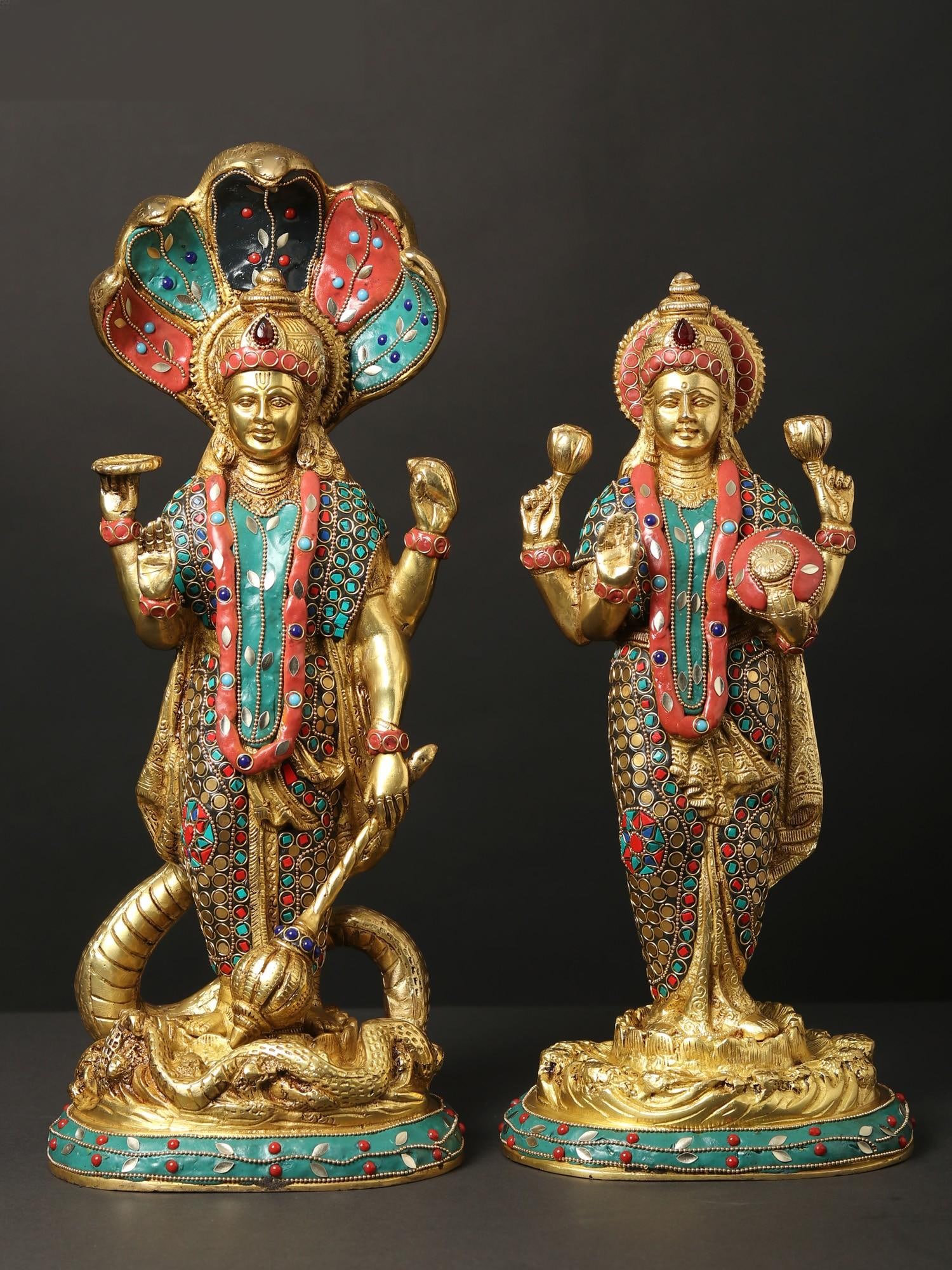 17" Standing Lakshmi Narayan (Vishnu Lakshmi) | Brass Statues with Inlay Work (1 of 2)