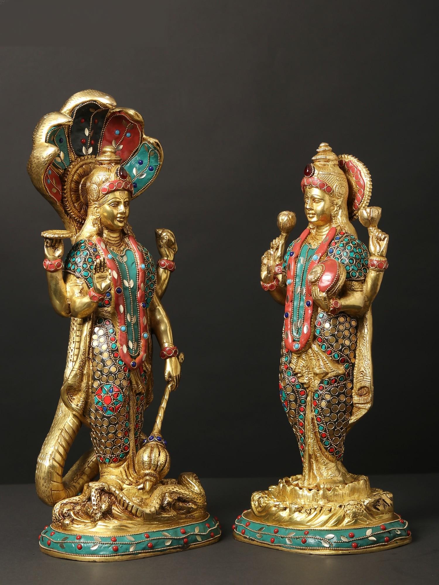 17" Standing Lakshmi Narayan (Vishnu Lakshmi) | Brass Statues with Inlay Work - 2