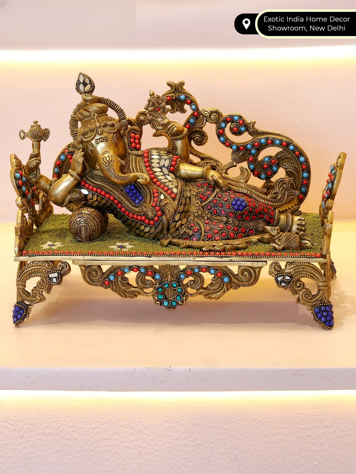 14" Relaxing Lord Ganesha Idol | Brass Statue with Inlay Work - 2