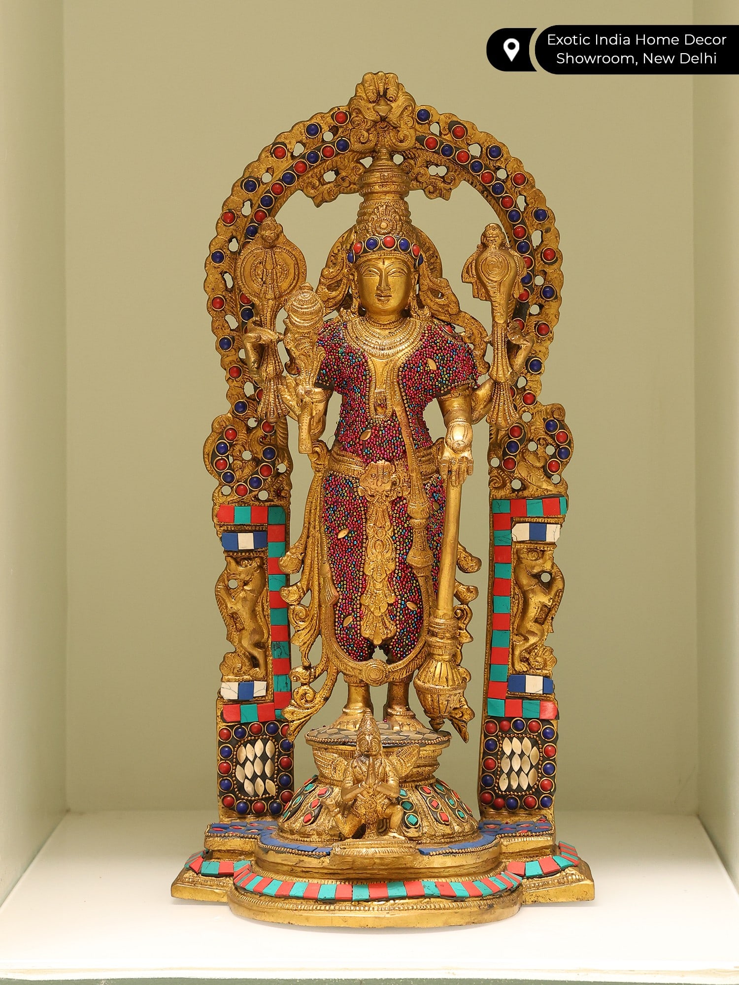 16" Standing Lord Vishnu on Kirtimukha Throne with Garuda | Brass Statue with Inlay Work - 2