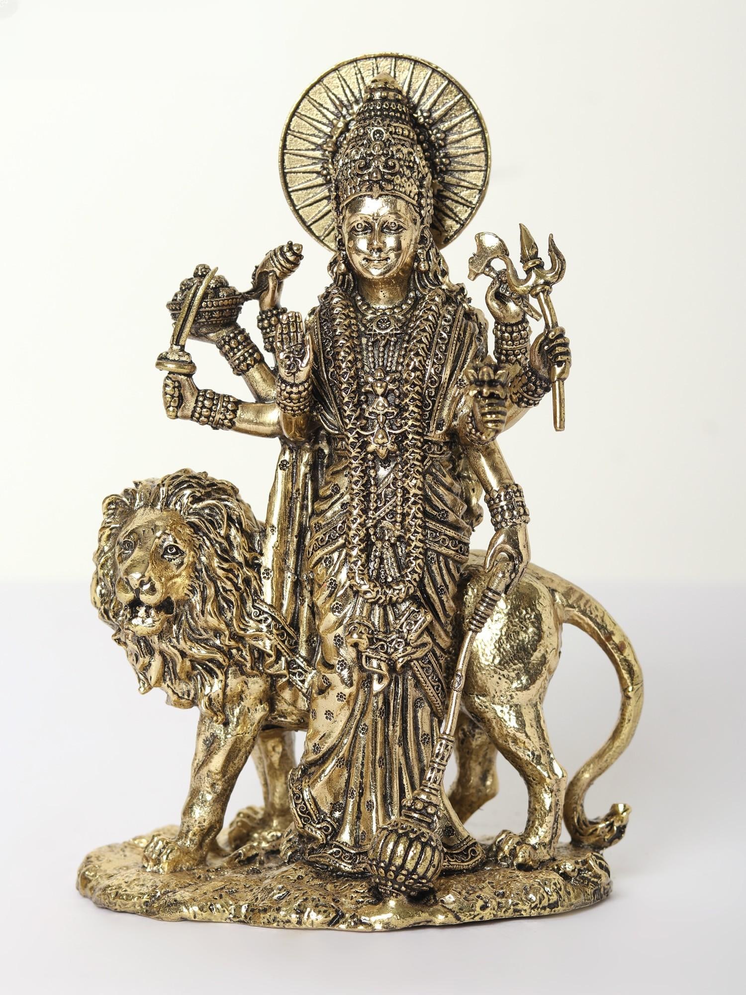 Small Superfine Eight-Armed Standing Sherawali Maa (Multiple Sizes) | Brass Statue: Title: Small Superfine Eight-Armed Standing Sherawali Maa (Multiple Sizes) | Brass Statue Description: Sherawali Mata, a manifestation of Goddess Durga, holds profound significance in Hindu culture. R
