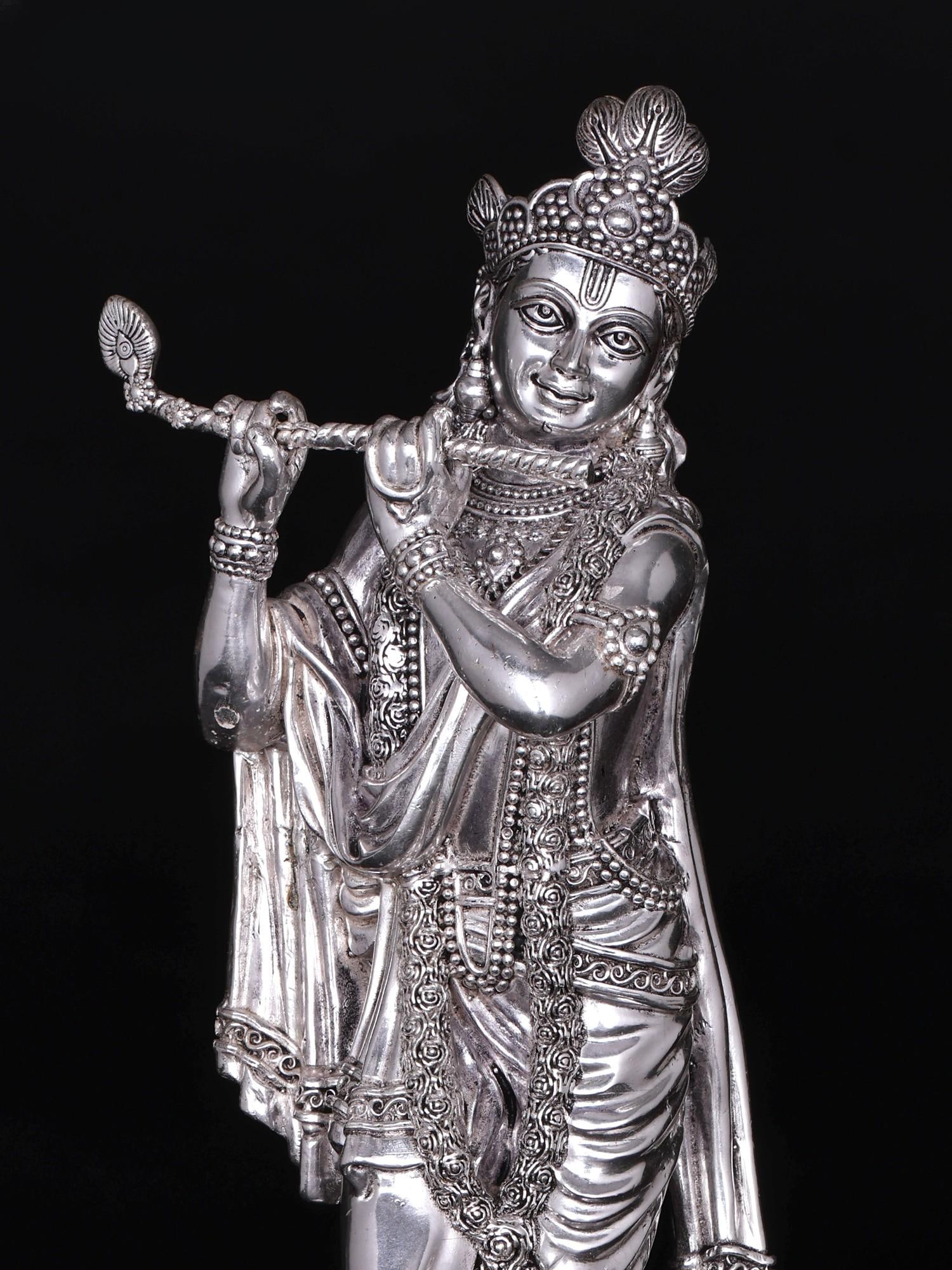 Superfine Standing Lord Krishna Brass Statue Playing Flute - 2