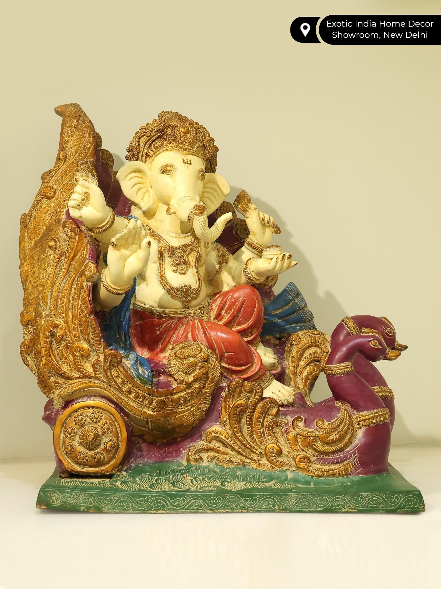 21" Colorful Blessing Lord Ganesha on Swan Chariot | Brass Statue - 2