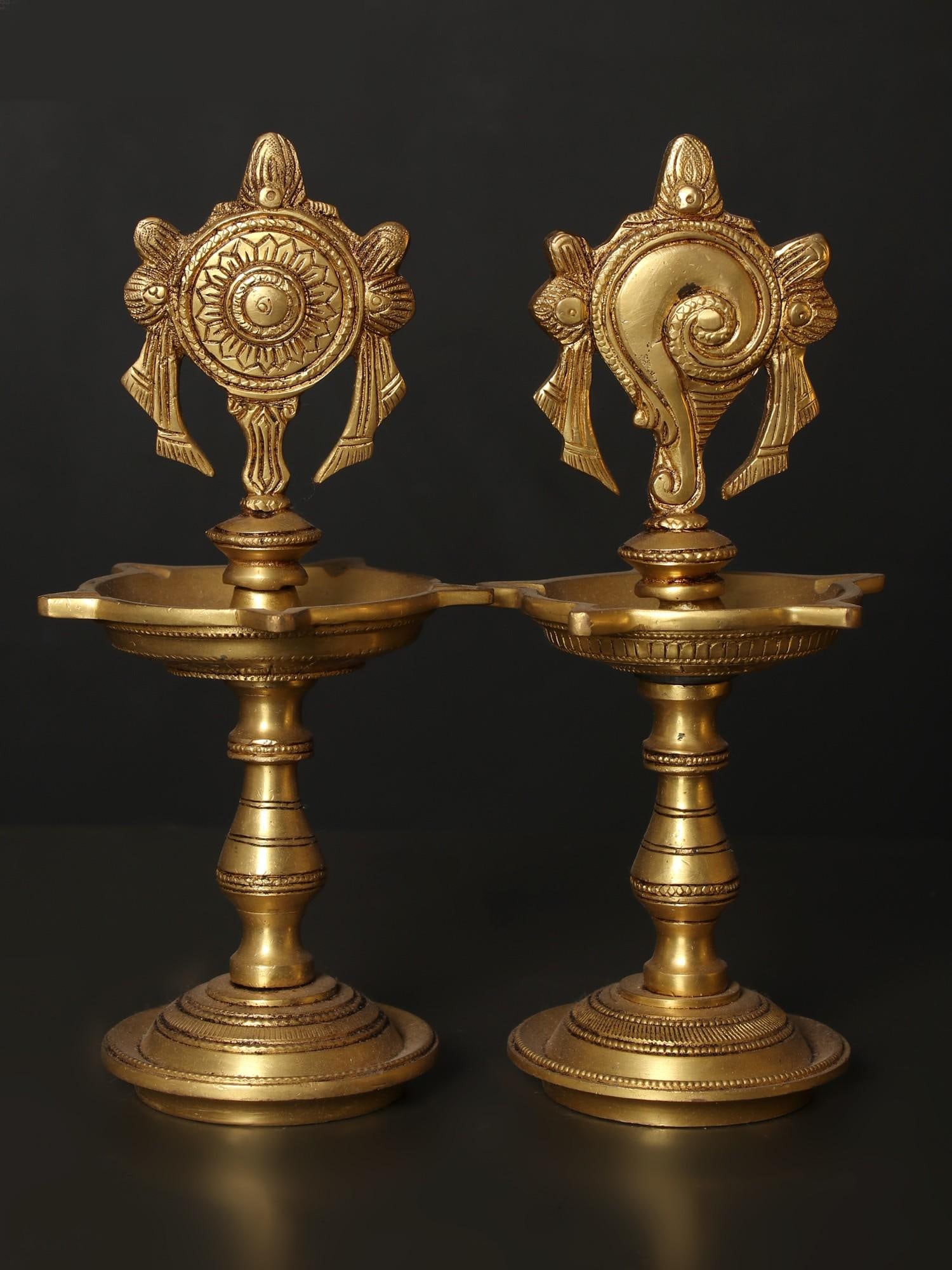 8" Pair of Multi Wicks Conch and Chakra Lamp in Brass (1 of 2)