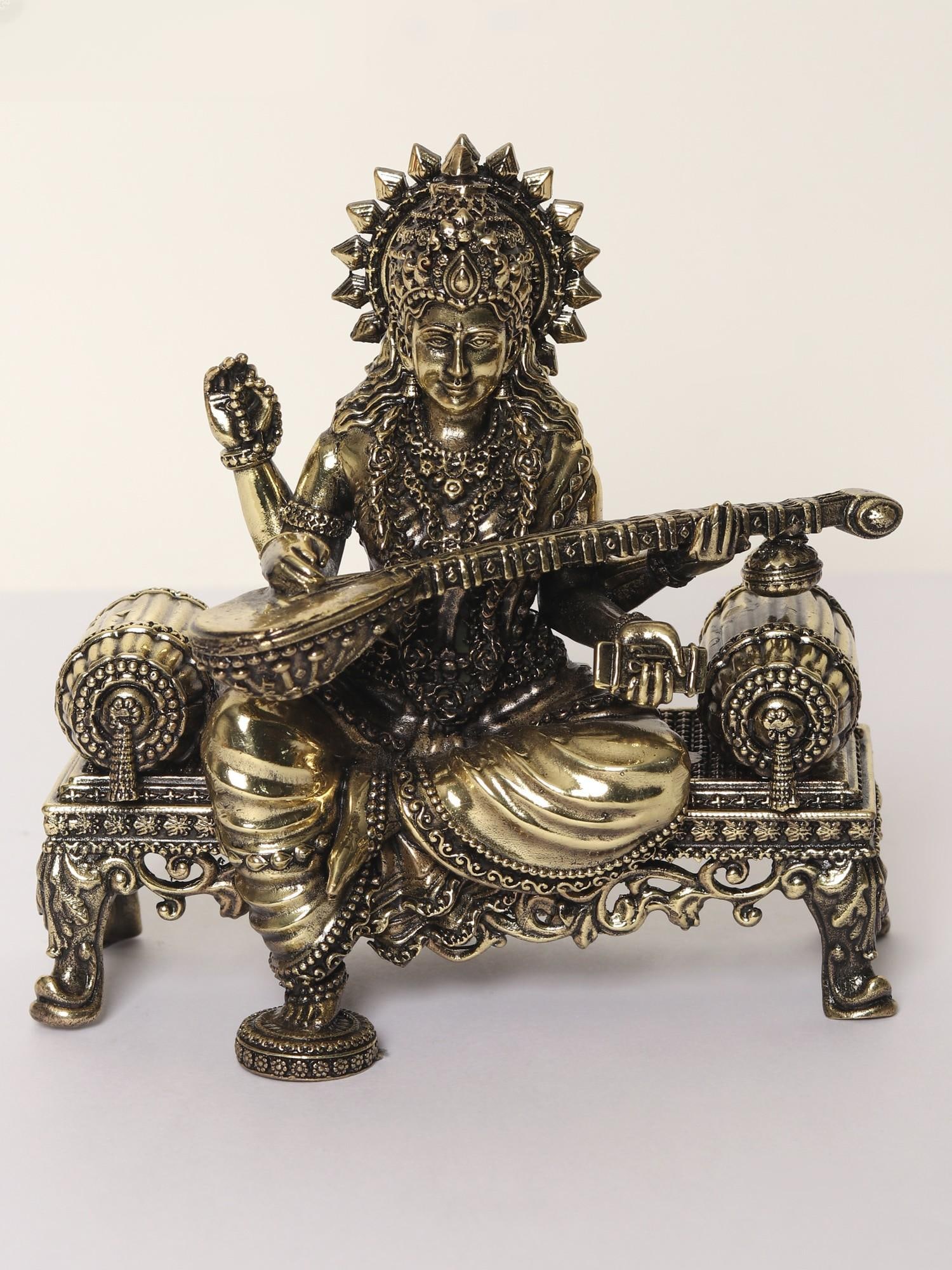 5" Superfine Lakshmi Ganesha Saraswati Idol Seated on Singhasan | Brass Statues - 2