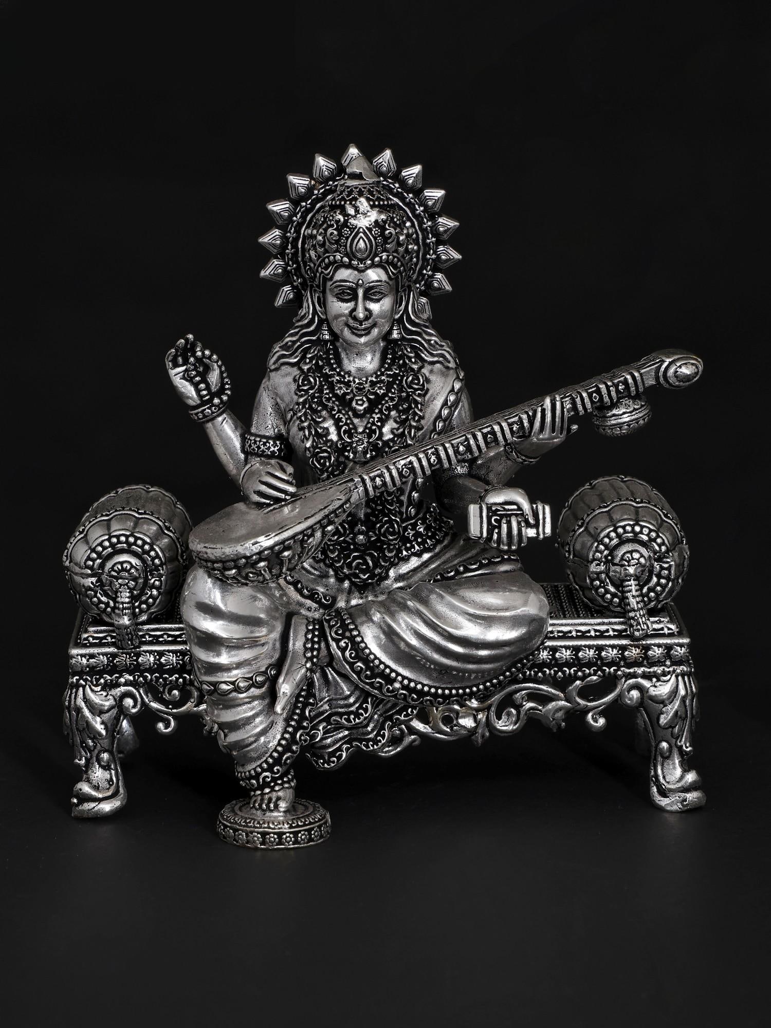 5" Superfine Lakshmi Ganesha Saraswati Idol Seated on Singhasan | Brass Statues - 2