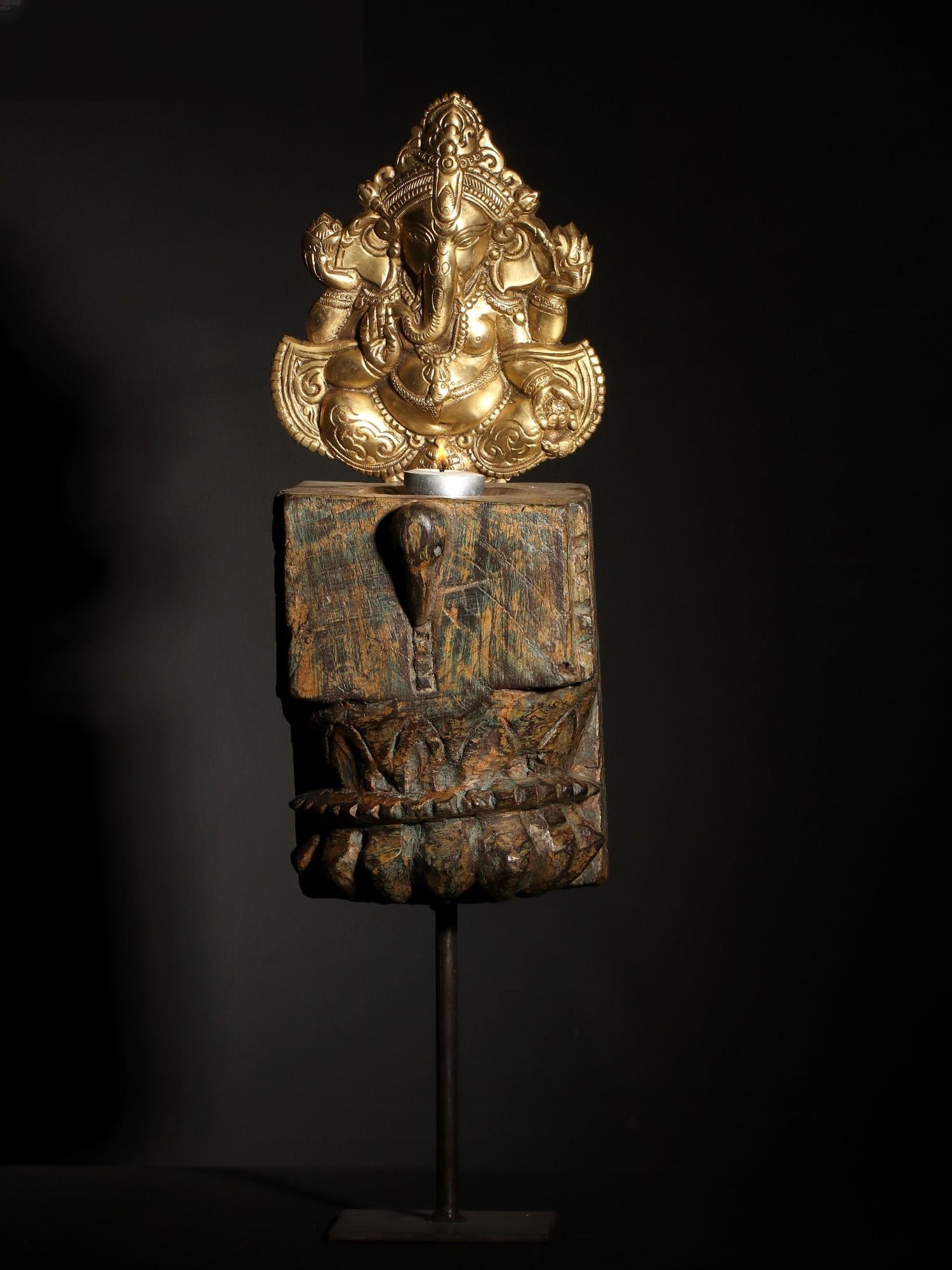 21" Wooden Candle Holder with Blessing Ganesha Statue in Brass on an Iron Stand (1 of 2)