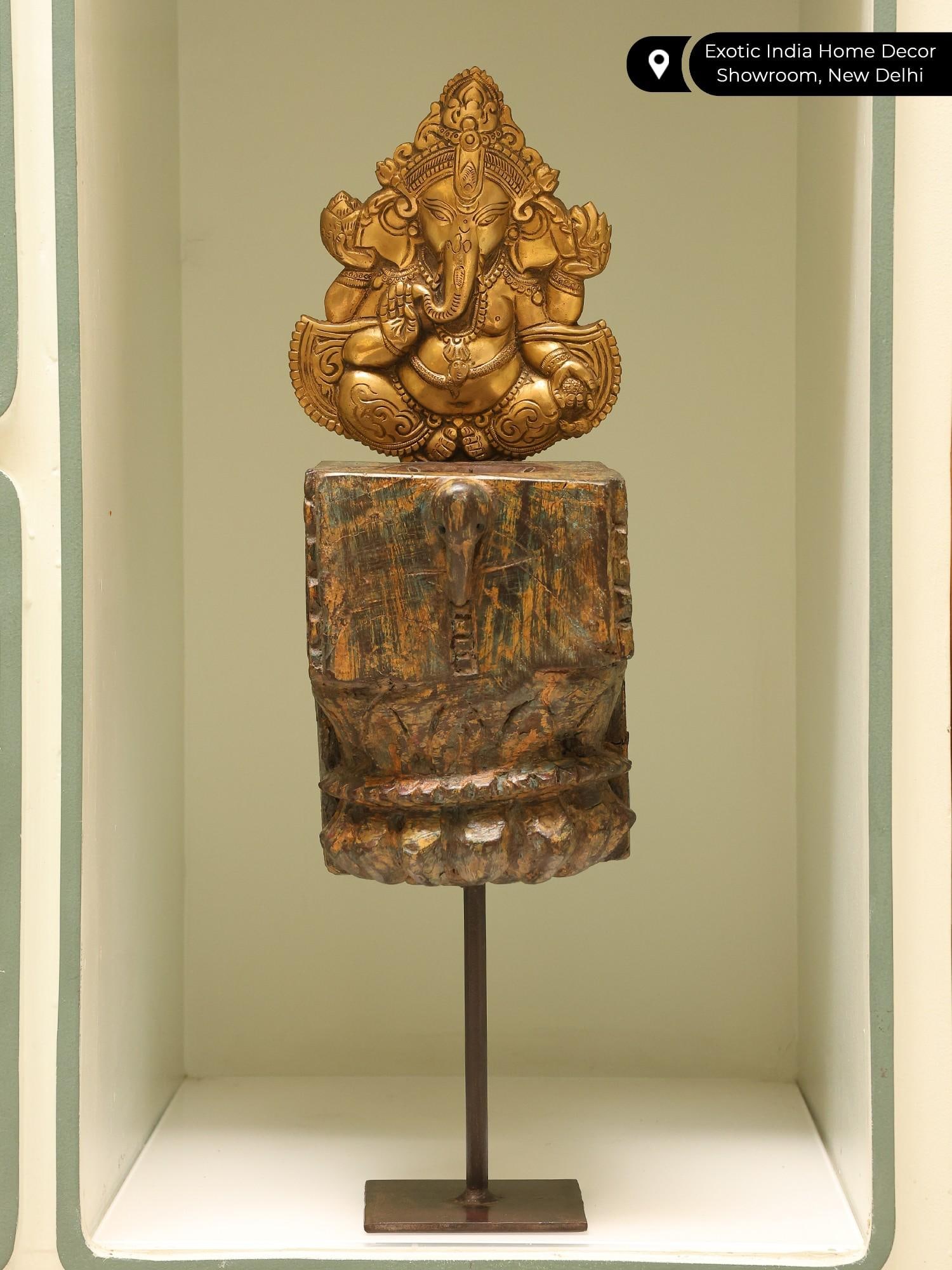 21" Wooden Candle Holder with Blessing Ganesha Statue in Brass on an Iron Stand - 2