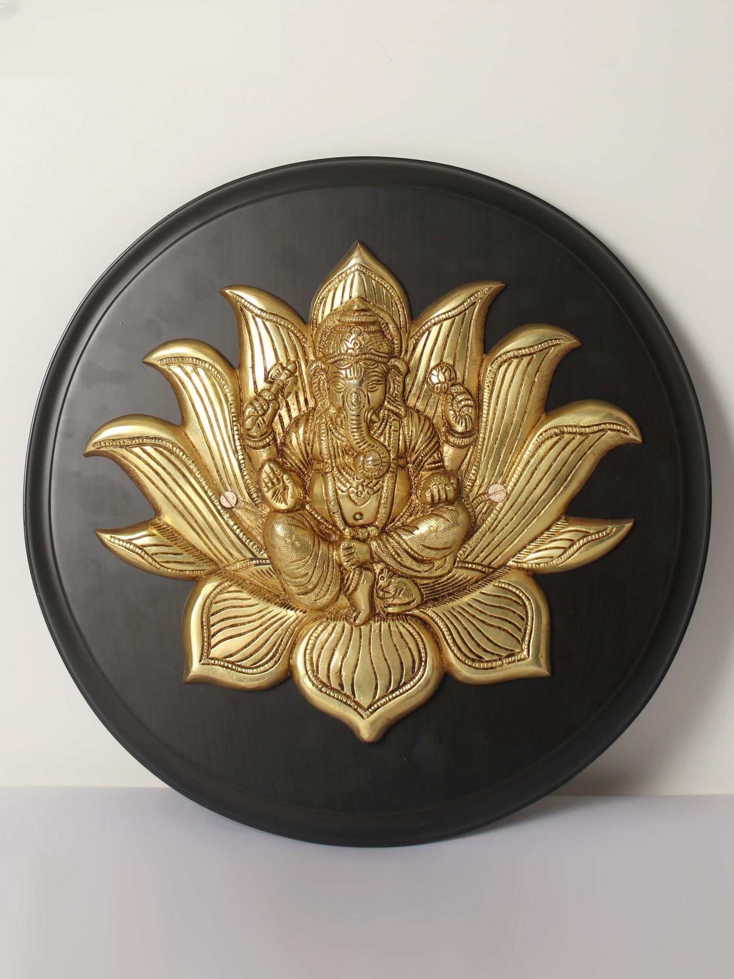 13" Lotus Ganesha in Brass | Wood Framed | Wall Hanging (1 of 2)
